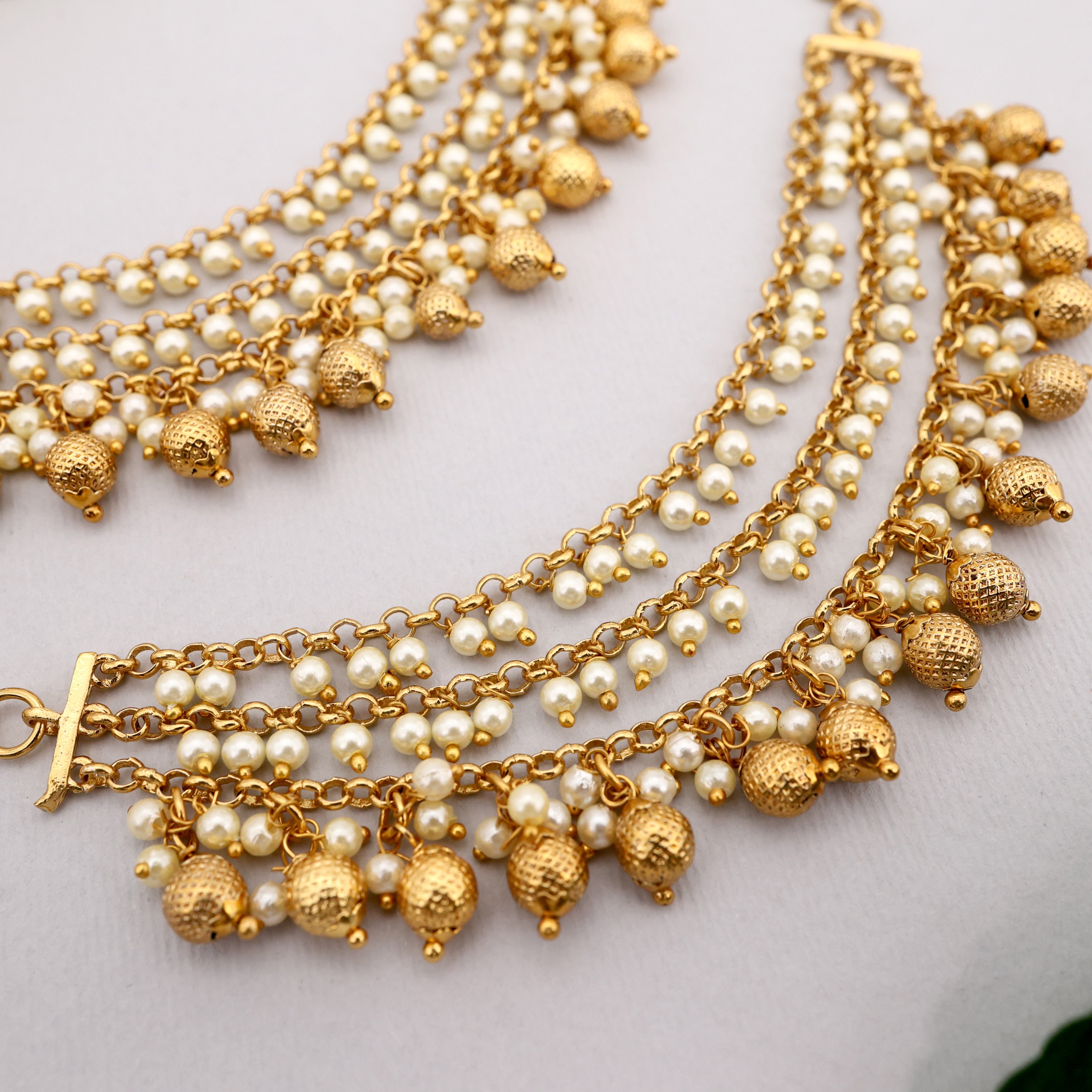 Premium 3 Line Gold Pearl Balls Bridal Maatal/Kaan Chain/Ear Chain