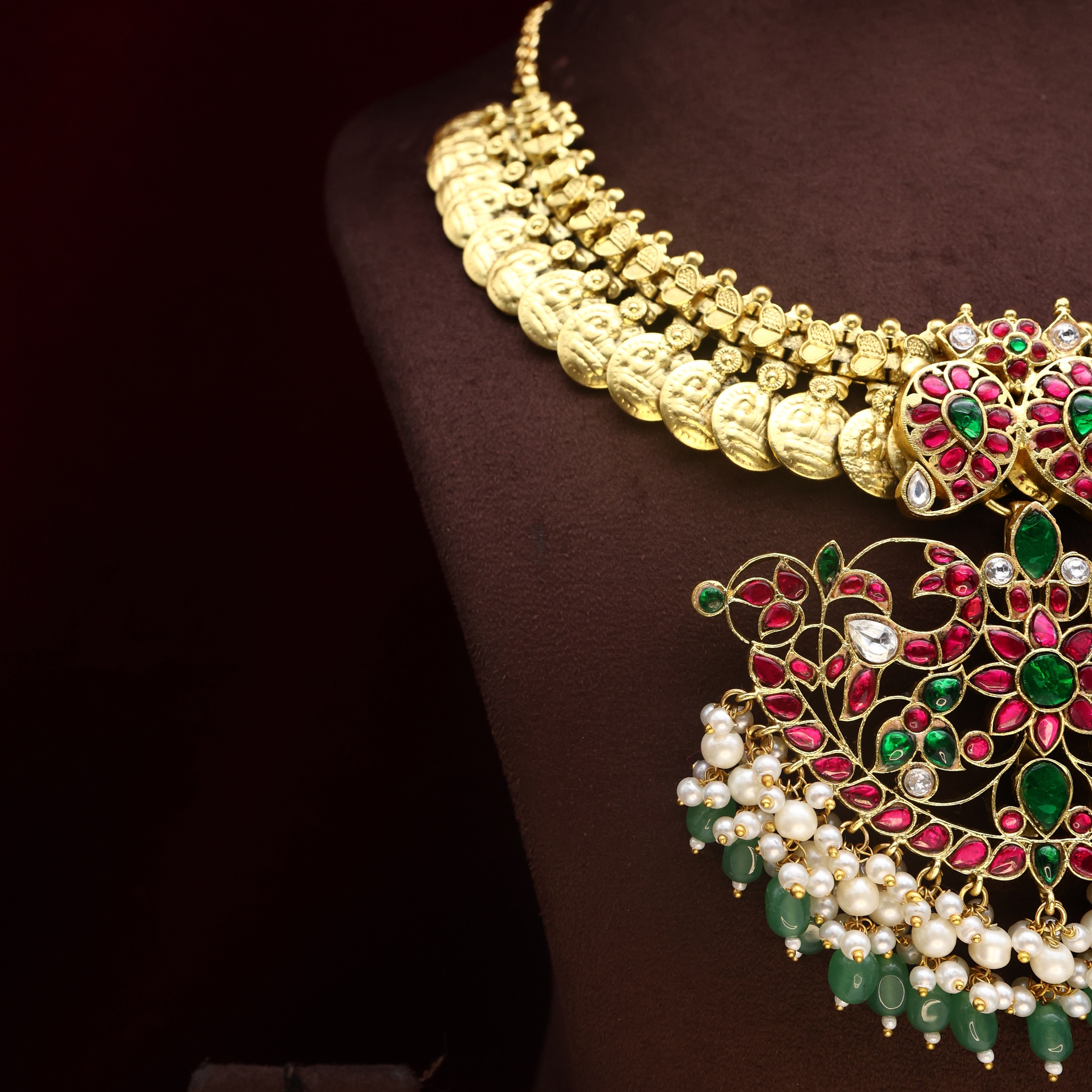 Premium Jadau Kundan Mango Rettapakshi Pendant Lakshmi Coin Bridal Necklace Set