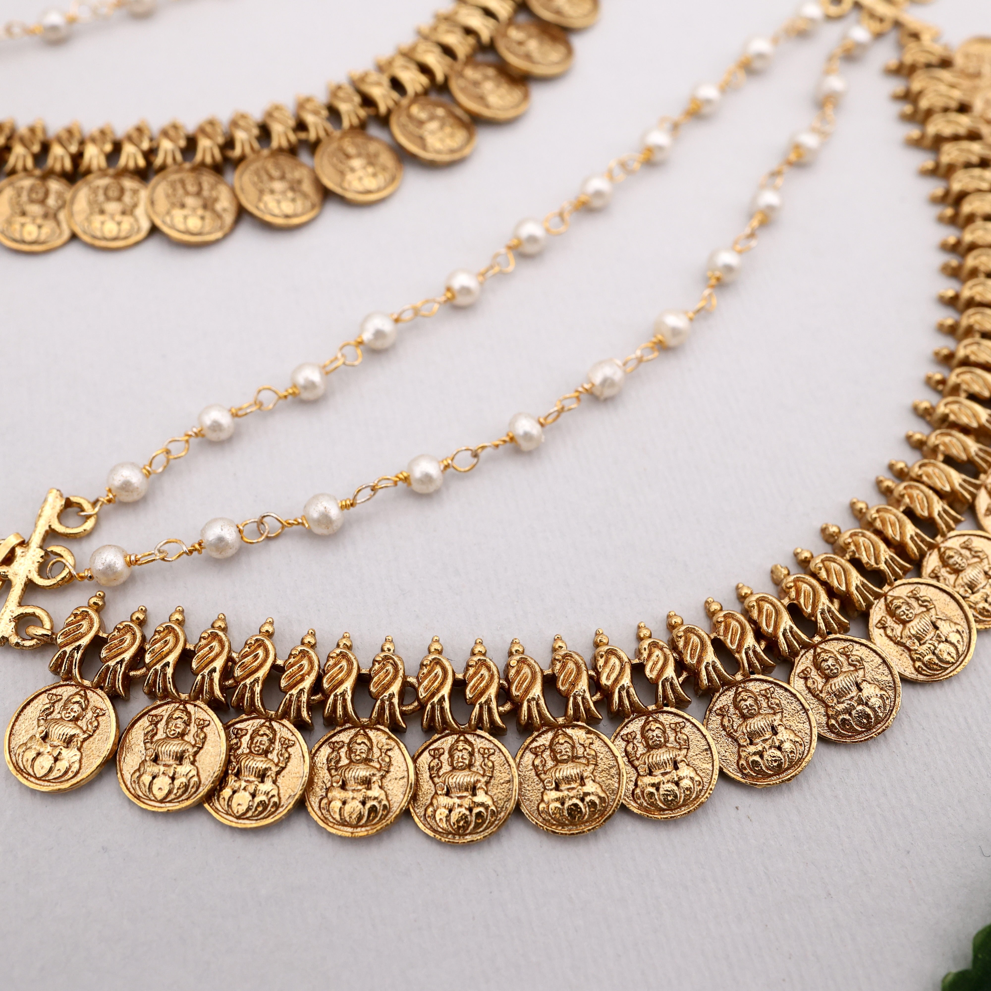 Antique Gold Premium Lakshmi Coins 3 Layer Bridal Maatal/Kaan Chain/Ear Chain