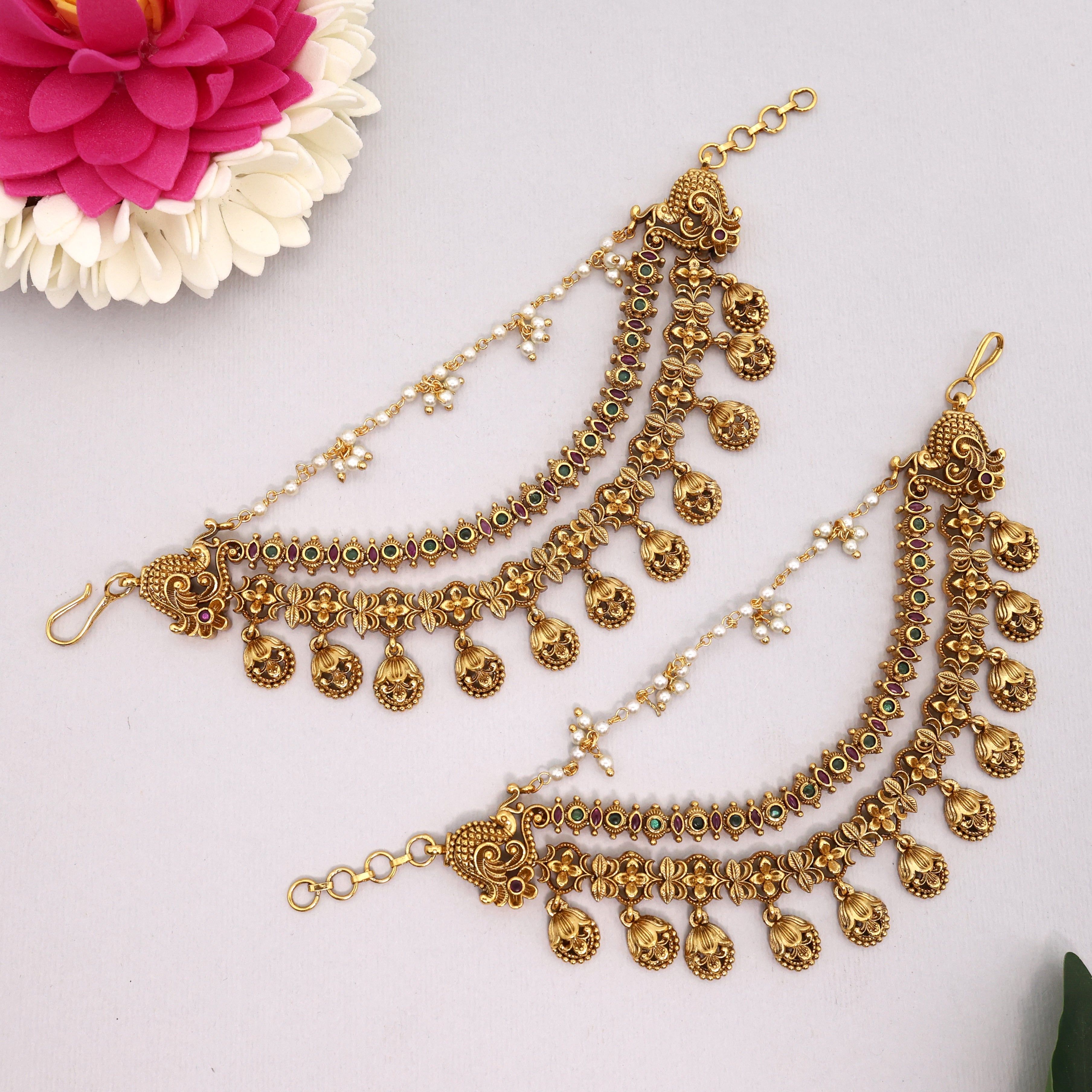 Antique Gold Nagas 3 Layer Floral Pattern Bridal Ear Chain/Kaan Chain/Maatal
