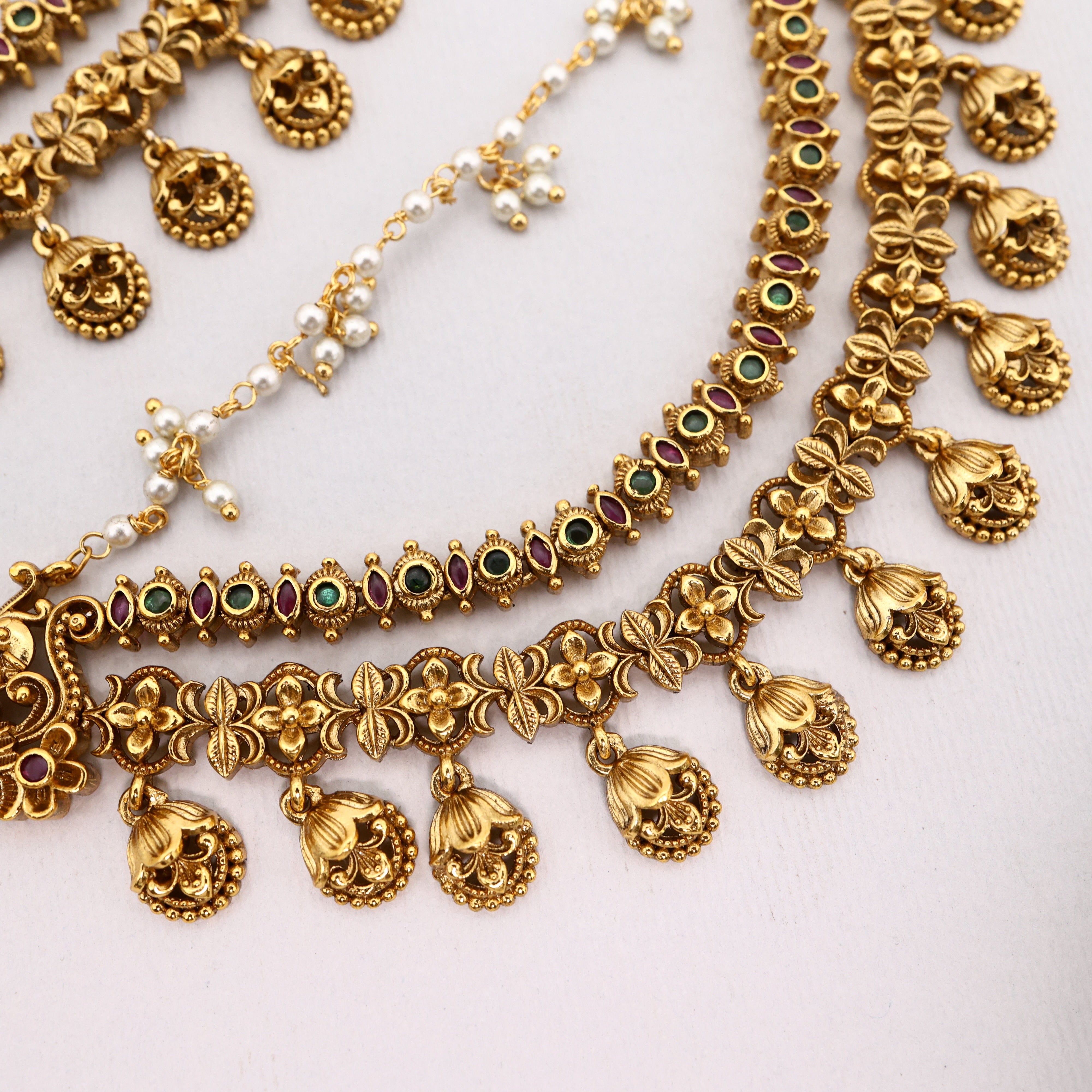 Antique Gold Nagas 3 Layer Floral Pattern Bridal Ear Chain/Kaan Chain/Maatal