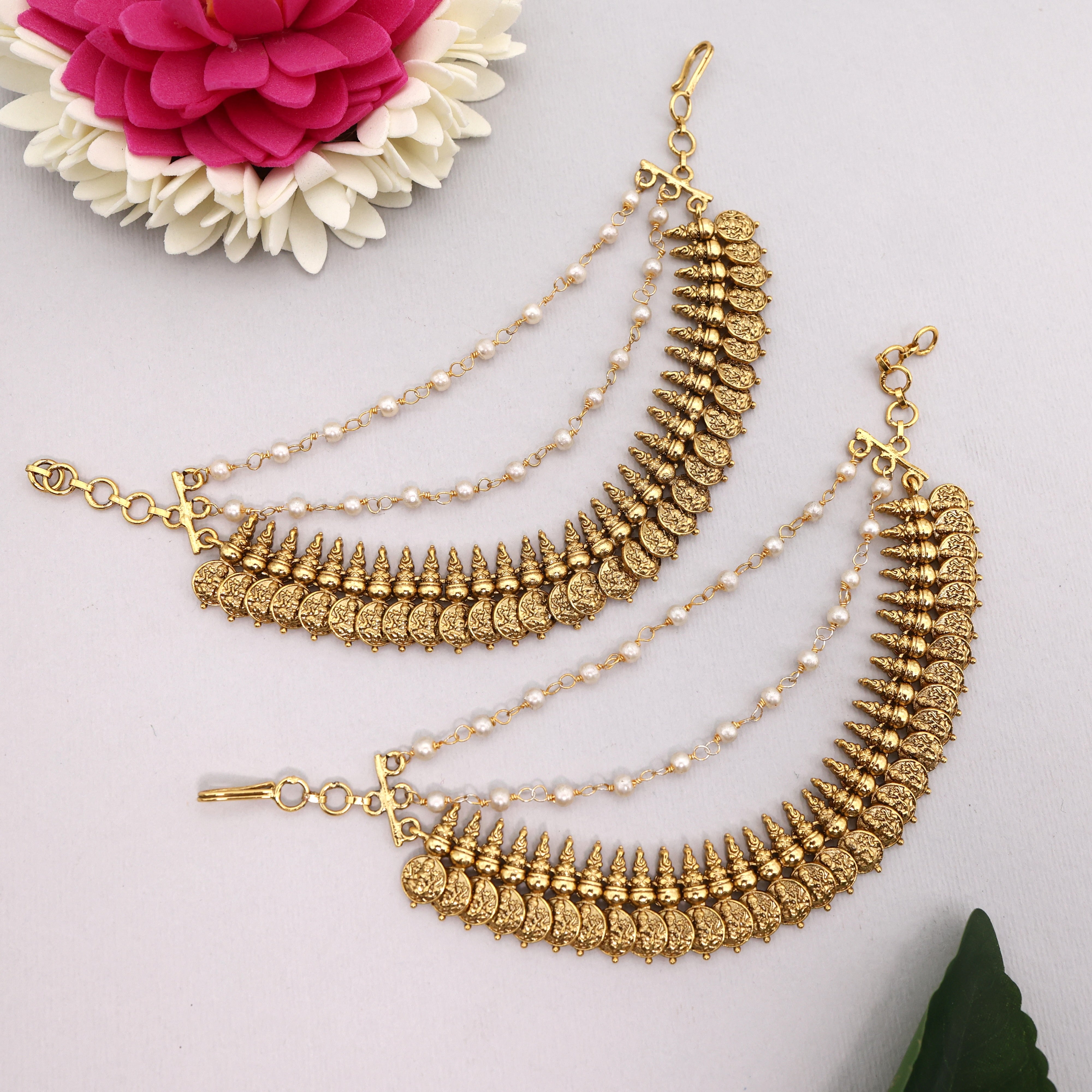 Antique Gold 3 Layer Lakshmi Coin Bridal Ear Chain/Kaan Chain/Maatal