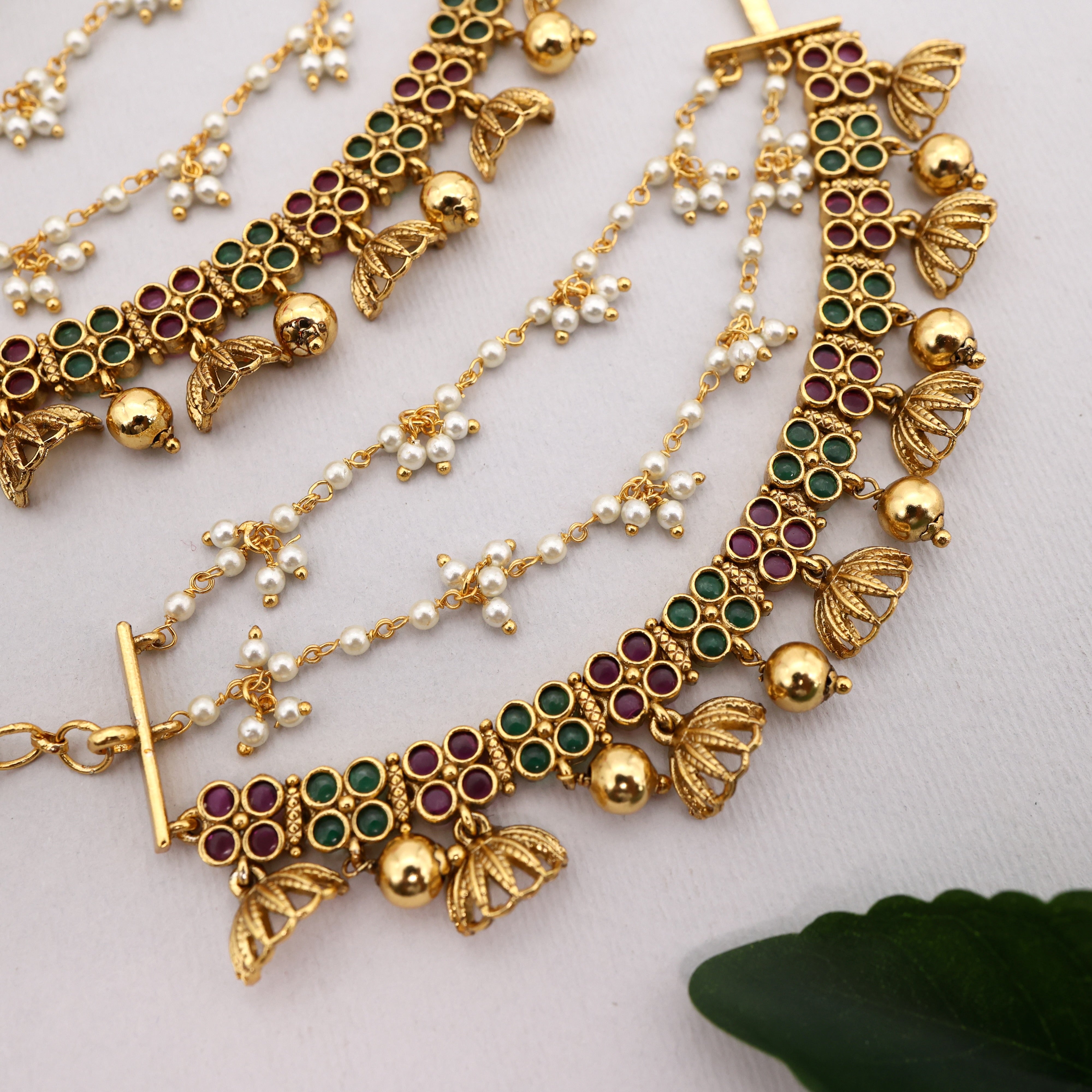 Antique Gold Premium 3 Layer Half Jhumkas Bridal Ear Chain/Kaan Chain