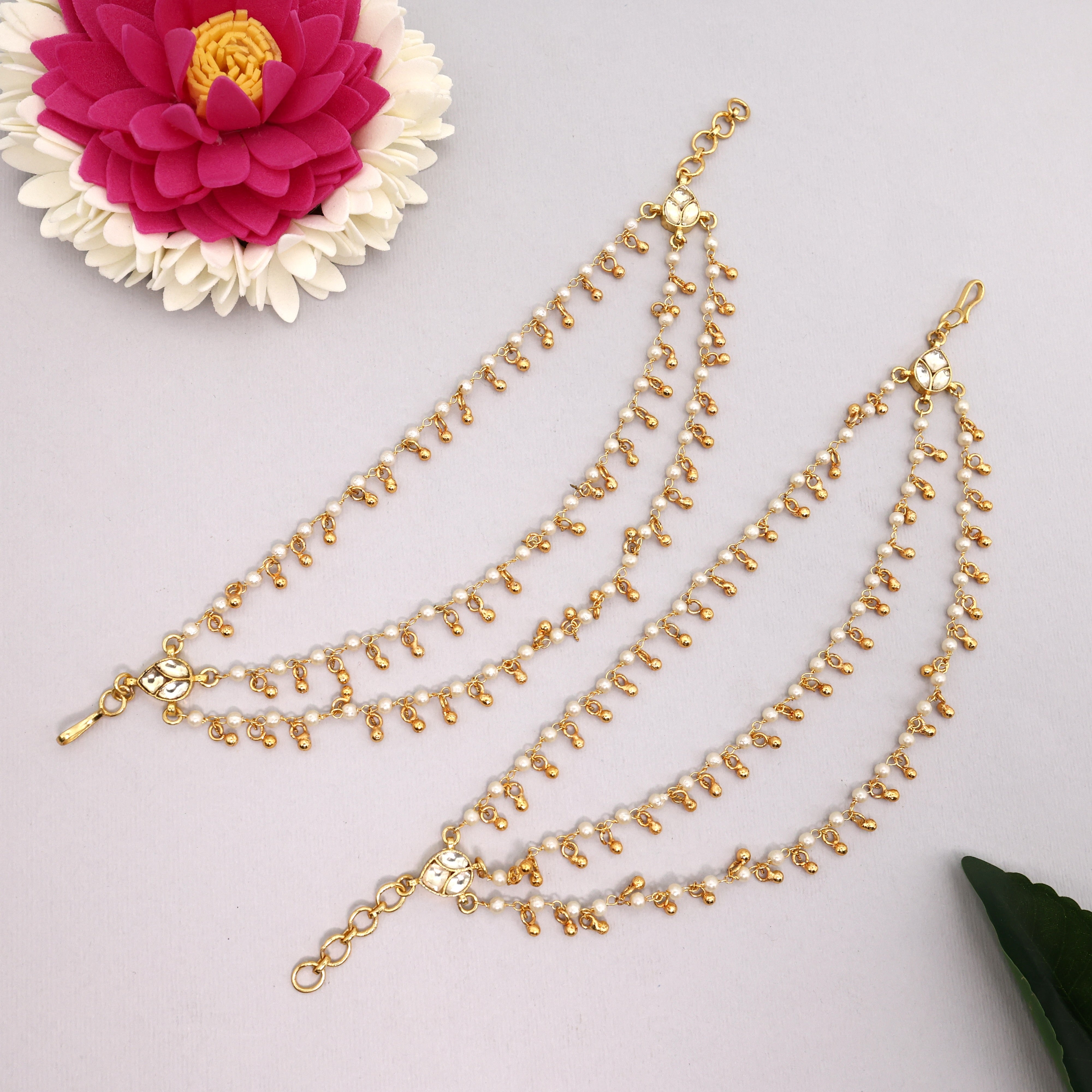 Pachi Kundan Real Gold Tone Small Balls Bridal 3 Layer Ear Chain/Kaan Chain/Maatal
