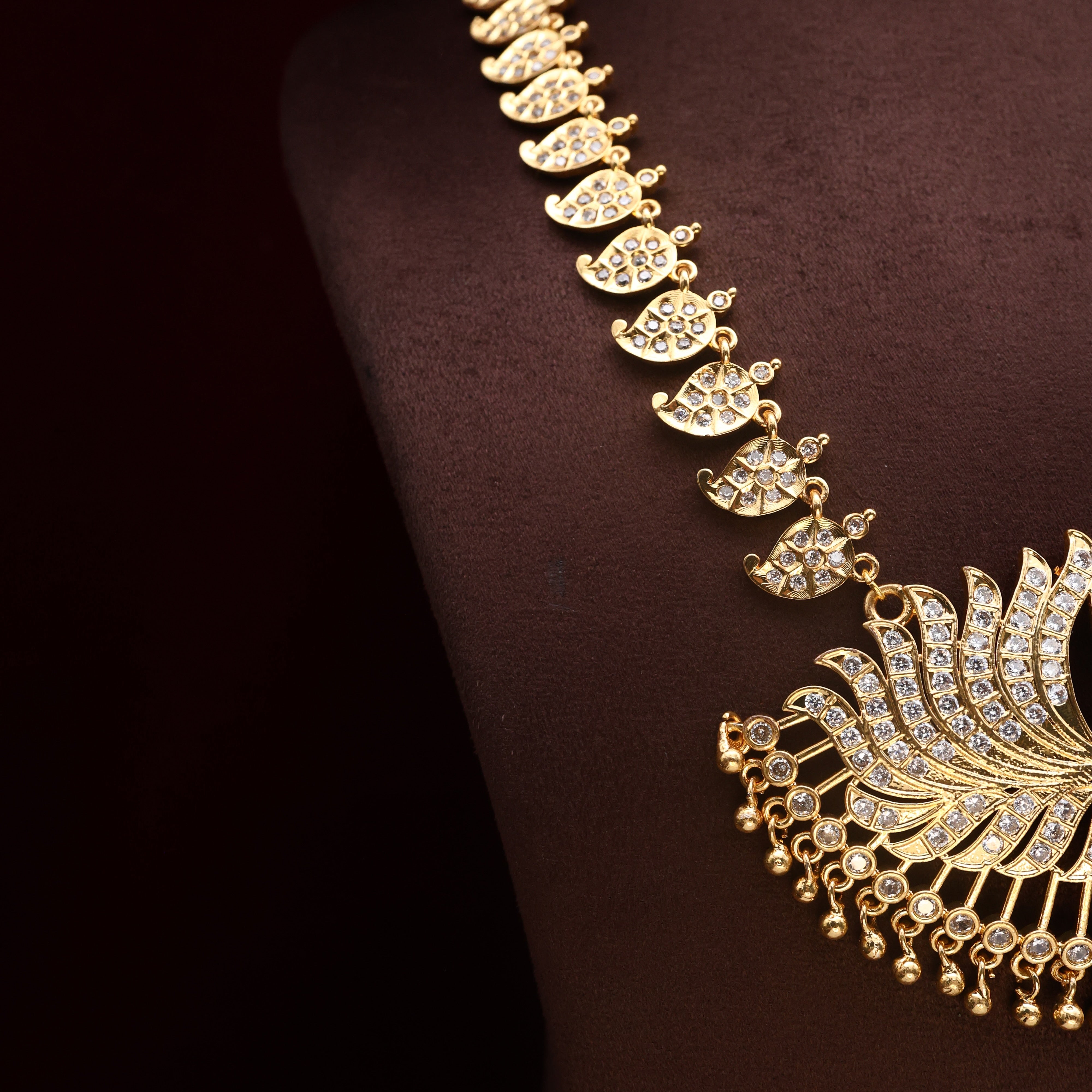 Premium Real Gold Tone Big Lotus Pendant Mango Haaram - Full White Stones