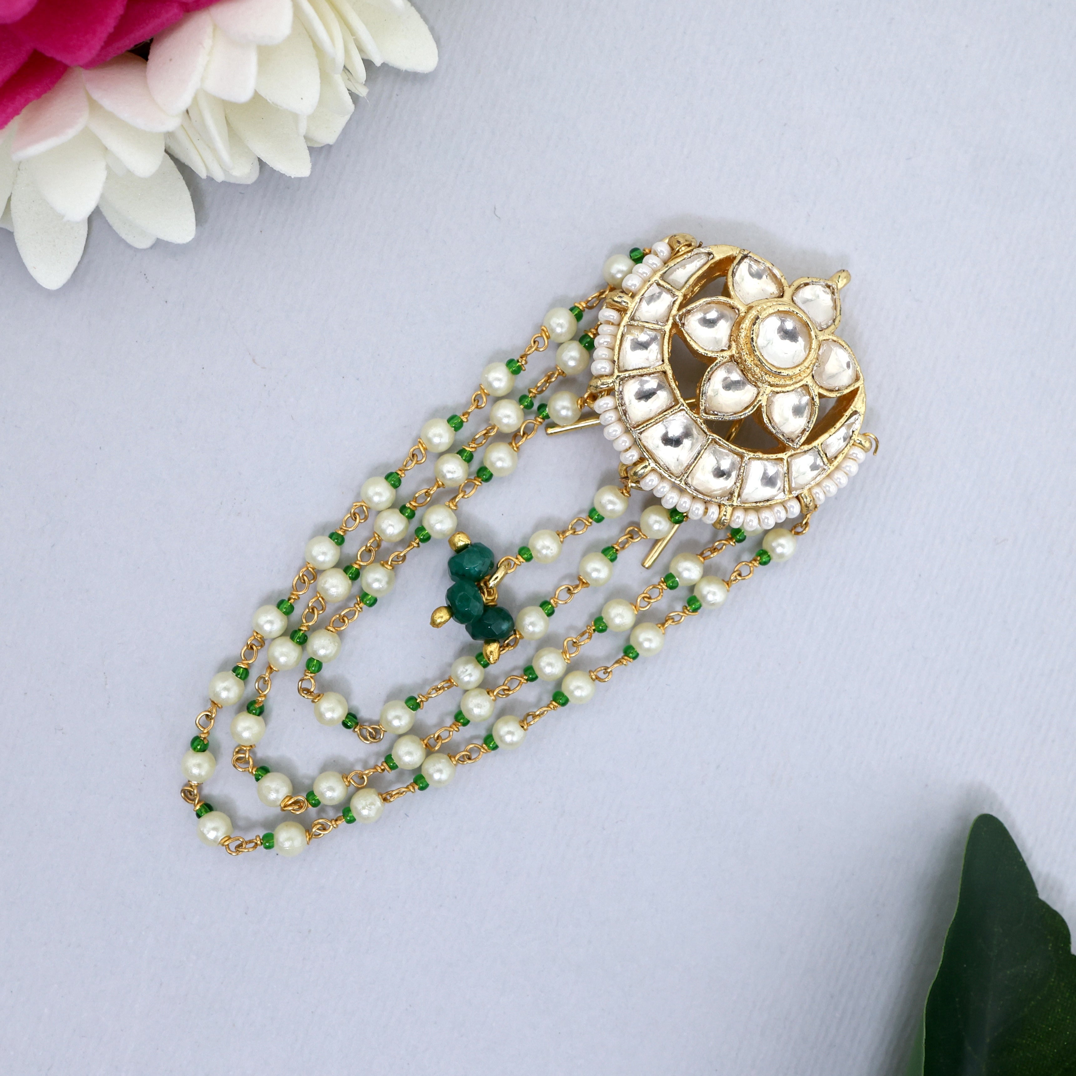 Premium Gold Tone Pachi Kundan Chaand Flower Three Layer Beads Hair Choti/Pin