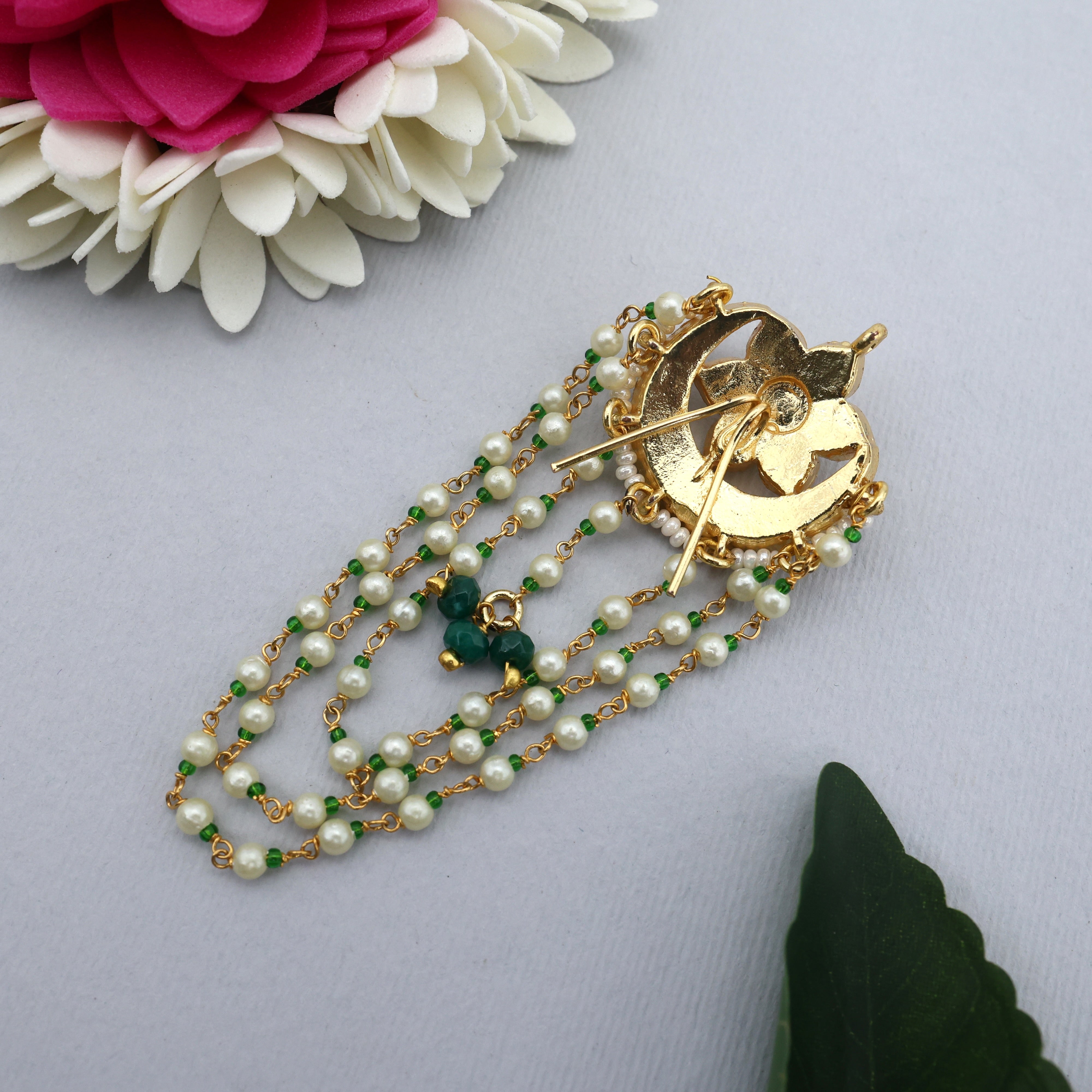 Premium Gold Tone Pachi Kundan Chaand Flower Three Layer Beads Hair Choti/Pin