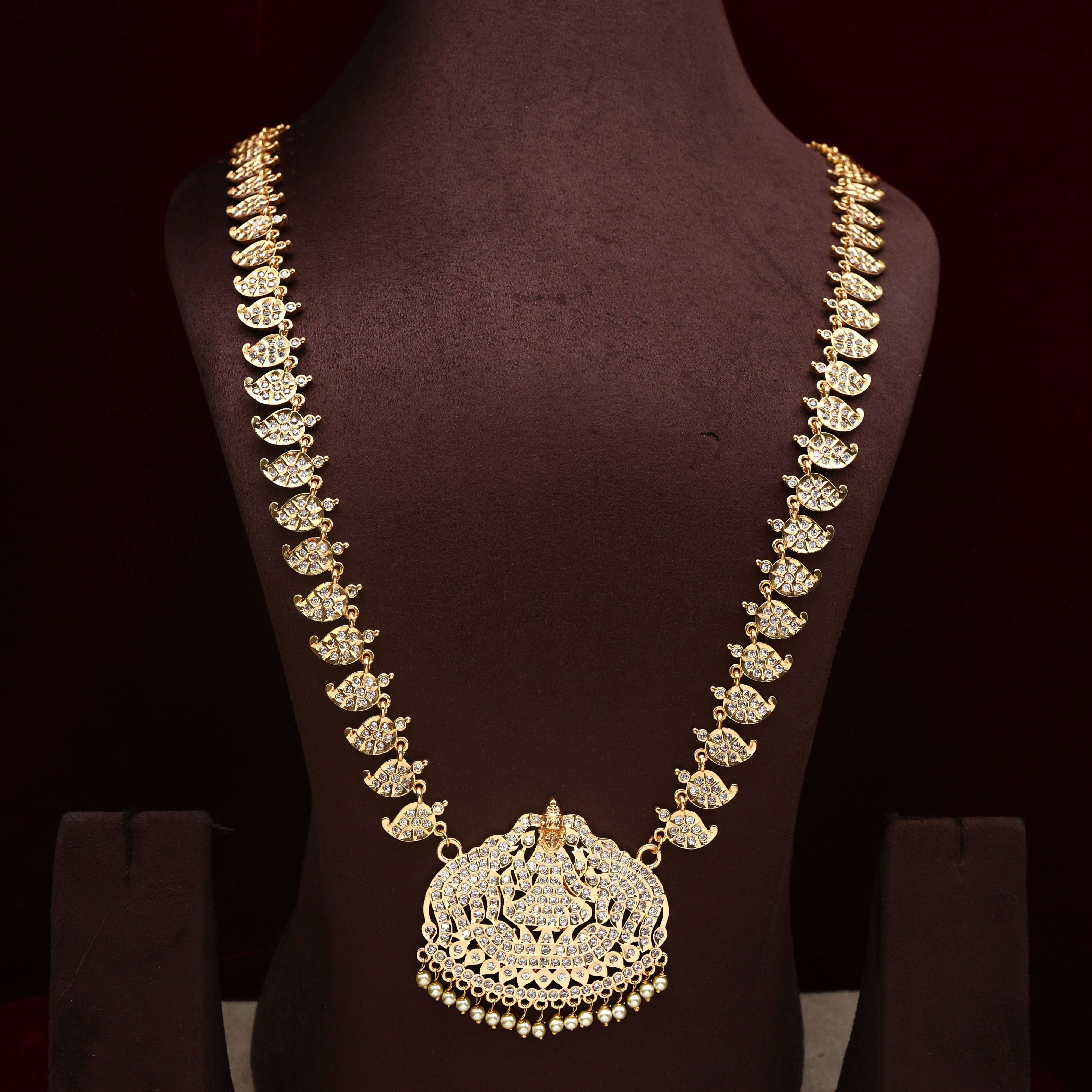 Real Gold Tone Gajalakshmi Pendant Long Bridal Mango Haaram - Full White Stones