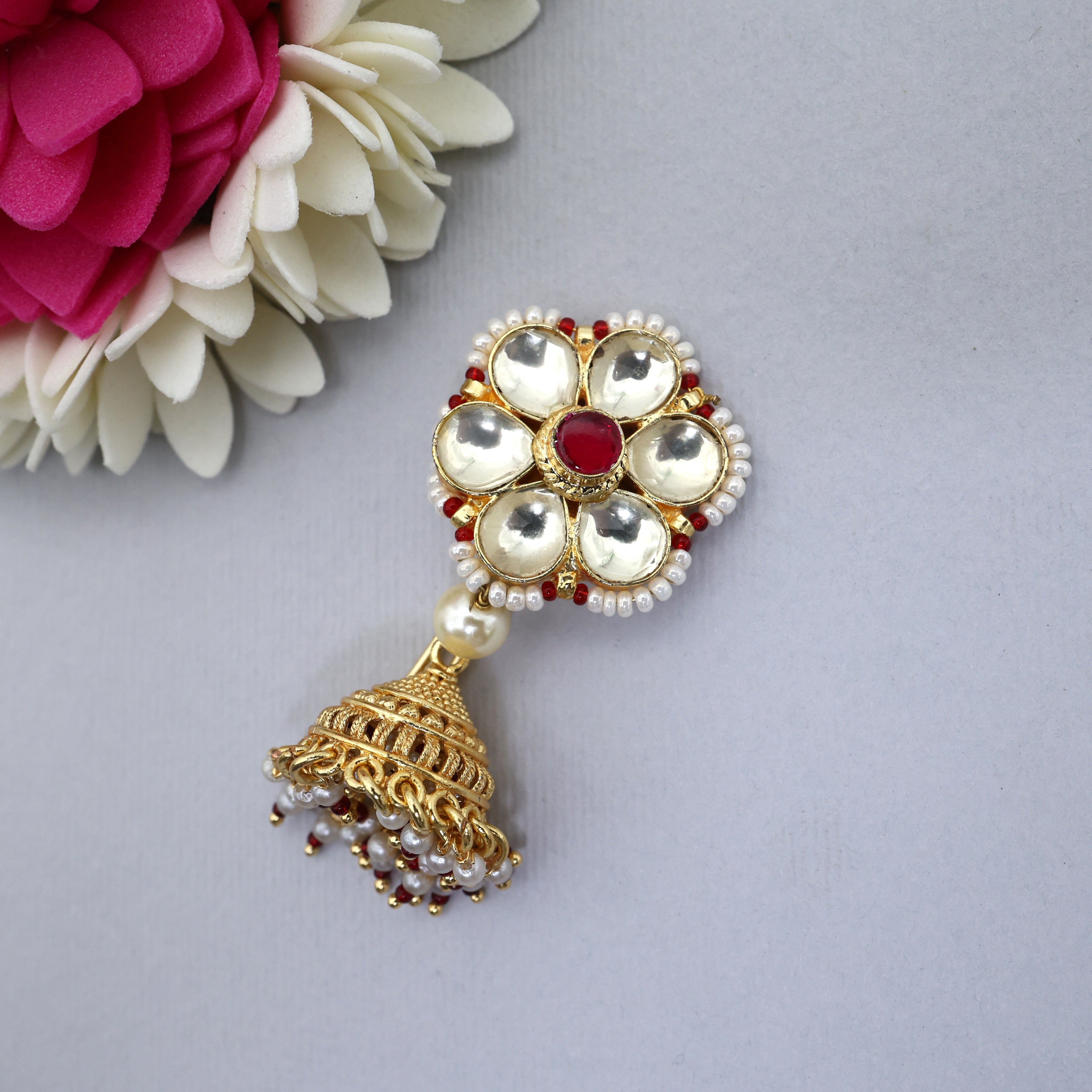 Gold Tone Premium Pachi Kundan Flower Jhumki Choti Hair Pin