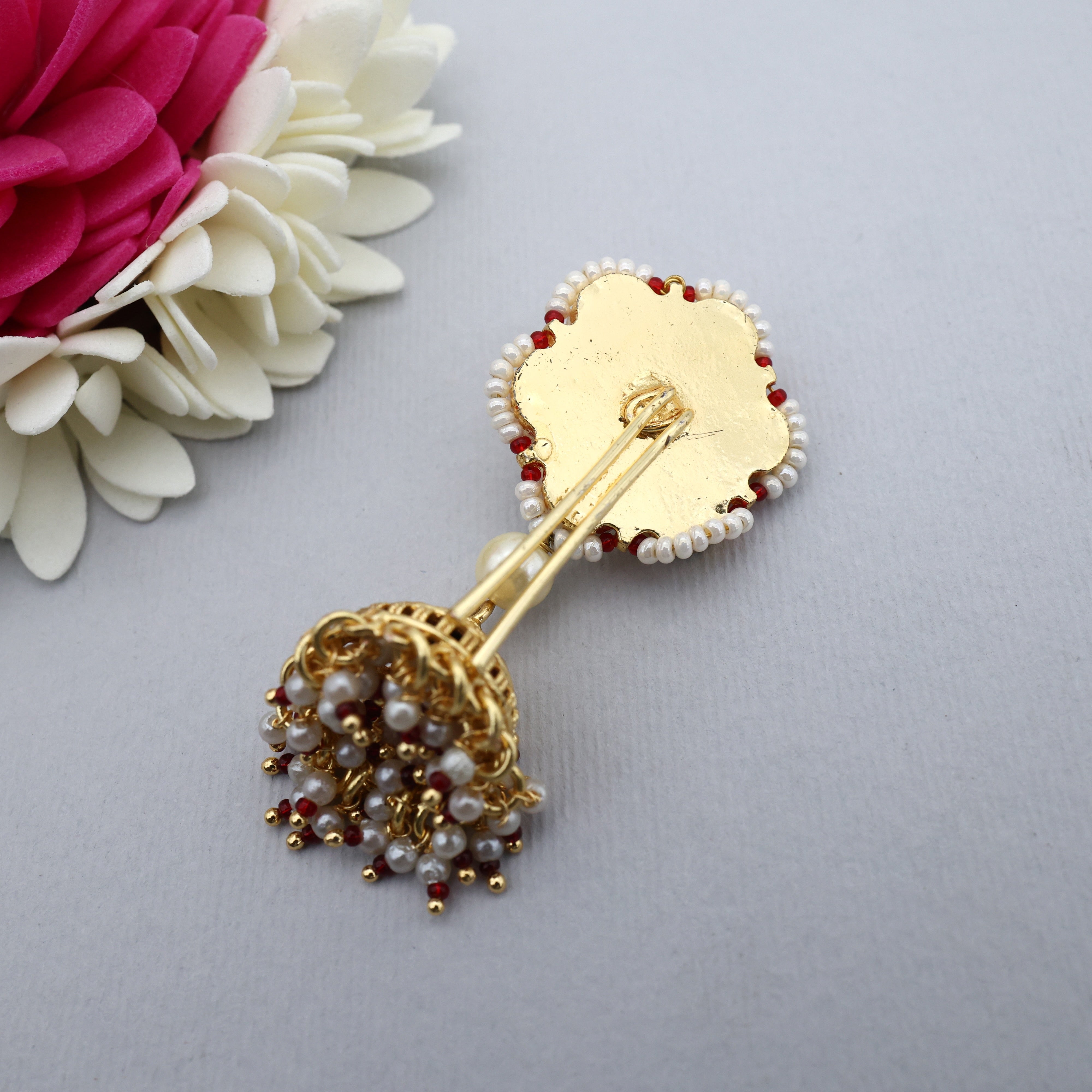 Gold Tone Premium Pachi Kundan Flower Jhumki Choti Hair Pin