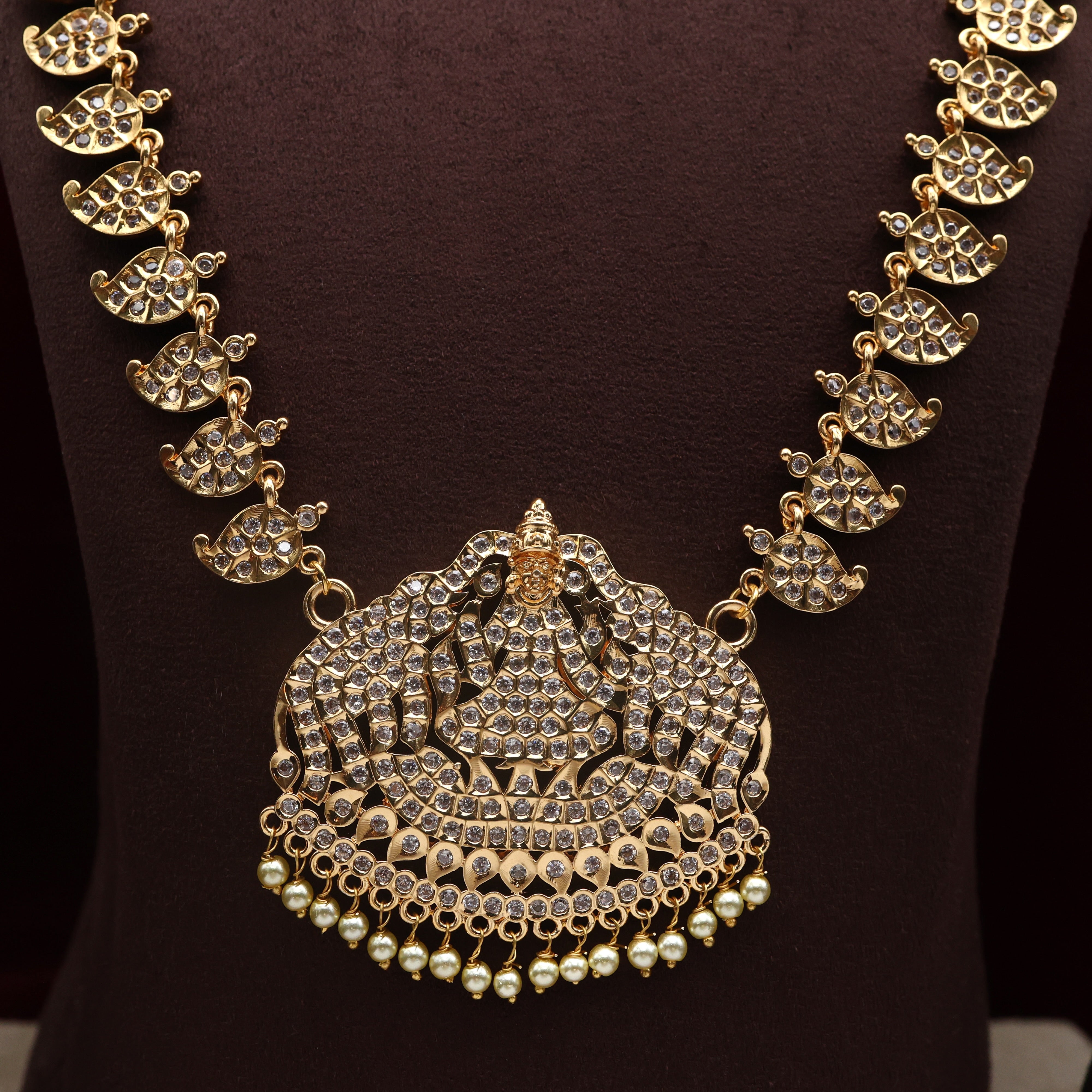 Real Gold Tone Gajalakshmi Pendant Long Bridal Mango Haaram - Full White Stones