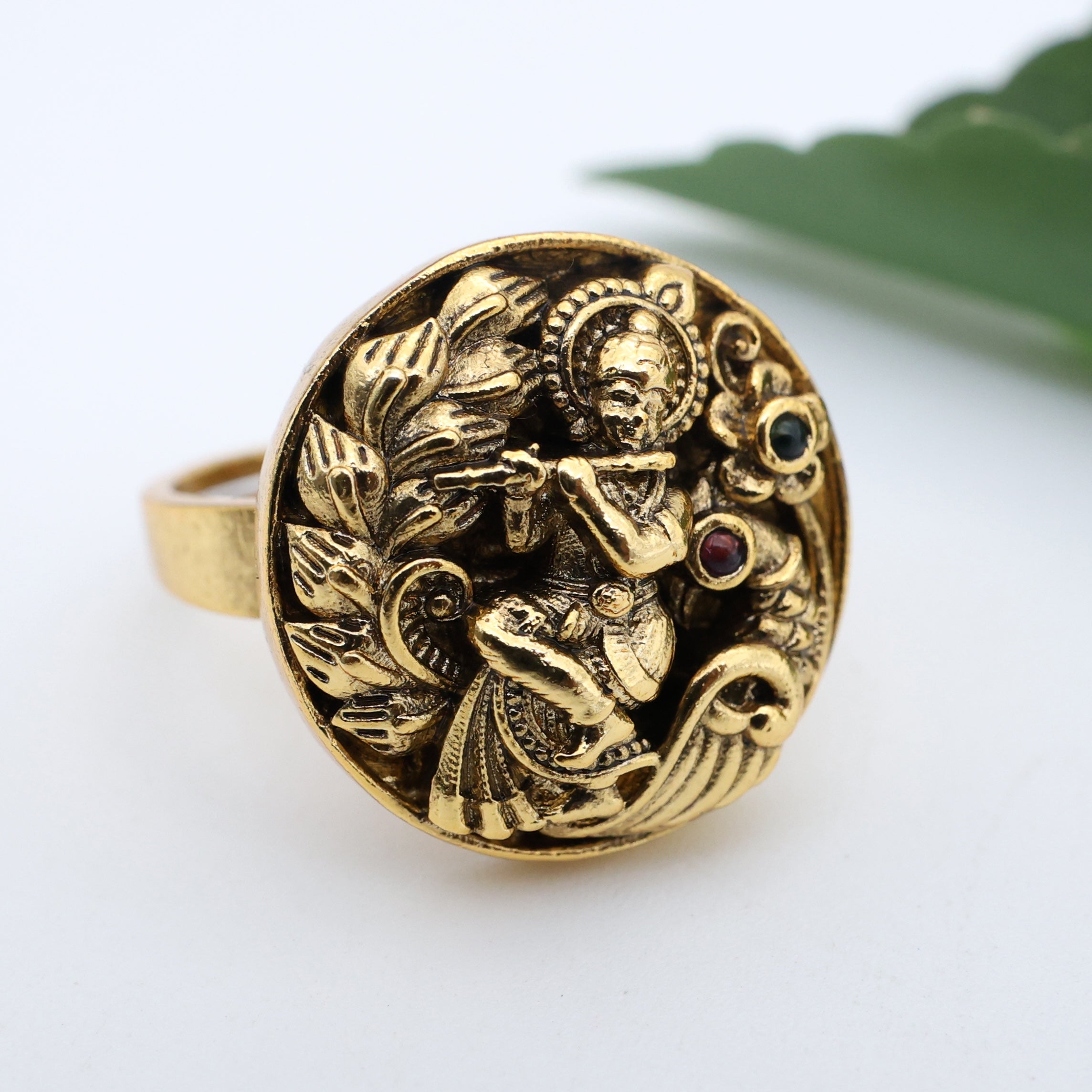 Antique Gold Nagas Lord Krishna Adjustable Finger Ring