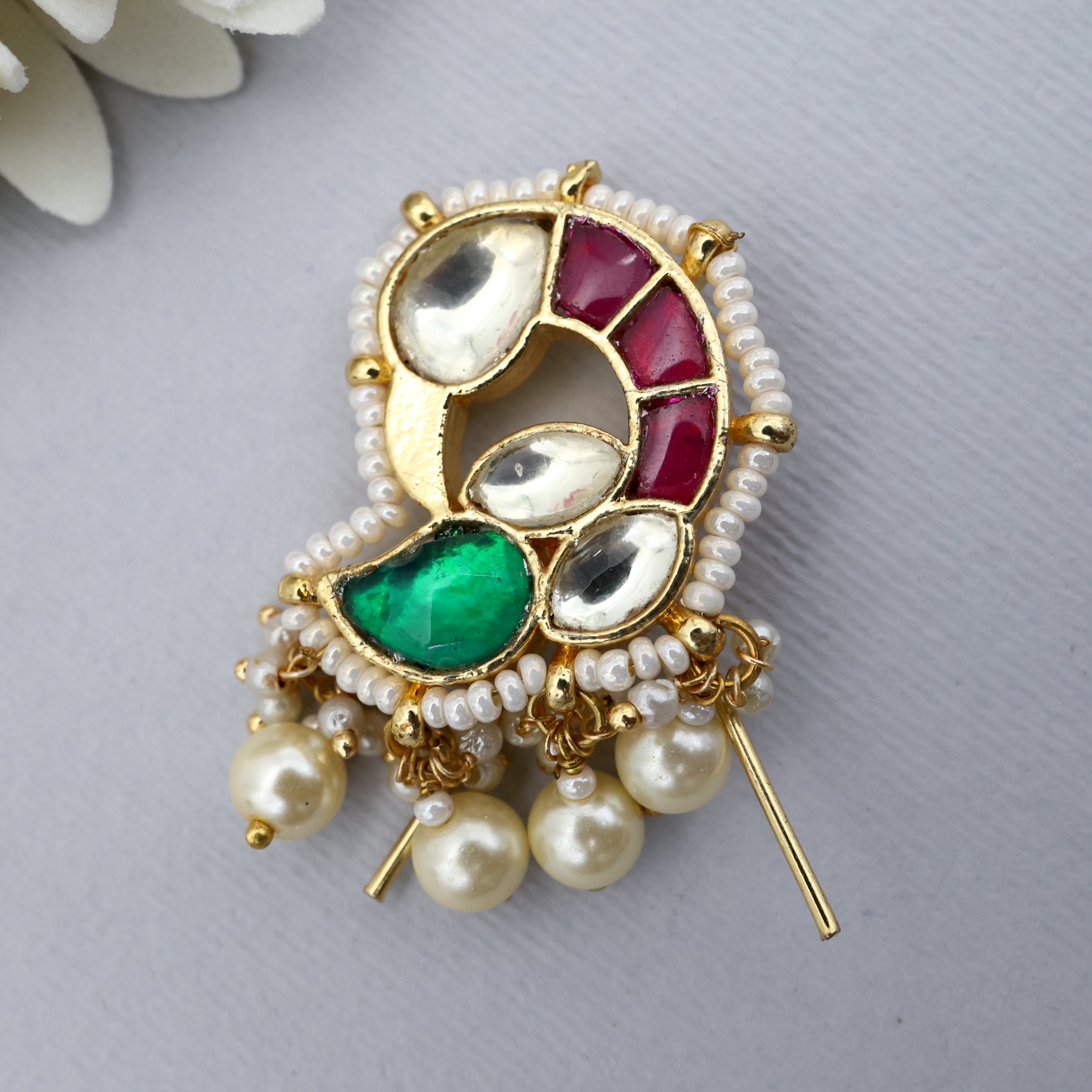 Premium Gold Tone Pachi Kundan Peacock Hair Choti PIn