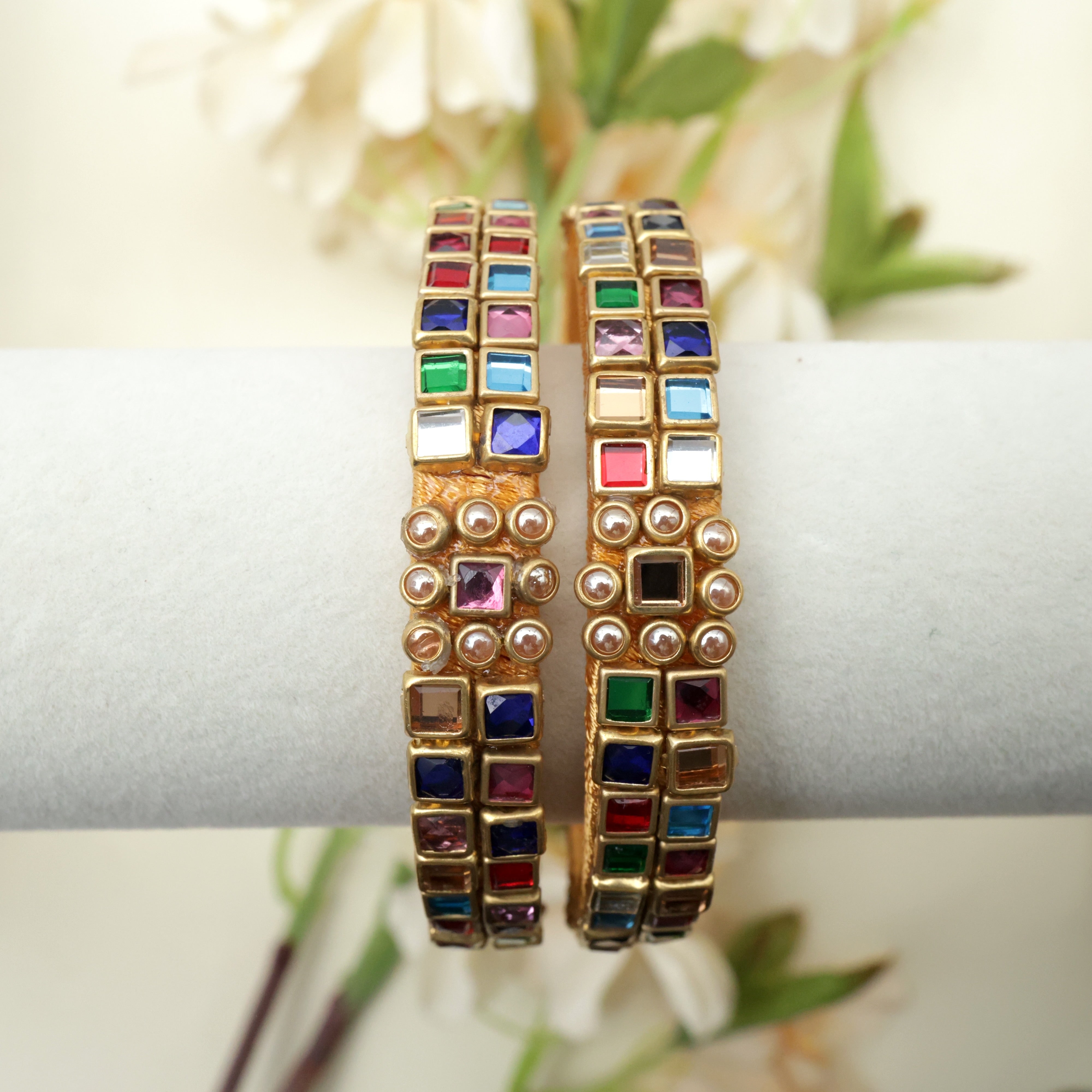 Handmade Silk Thread Kundan Square Stones Multi Colour Bangles - Size: 2.4