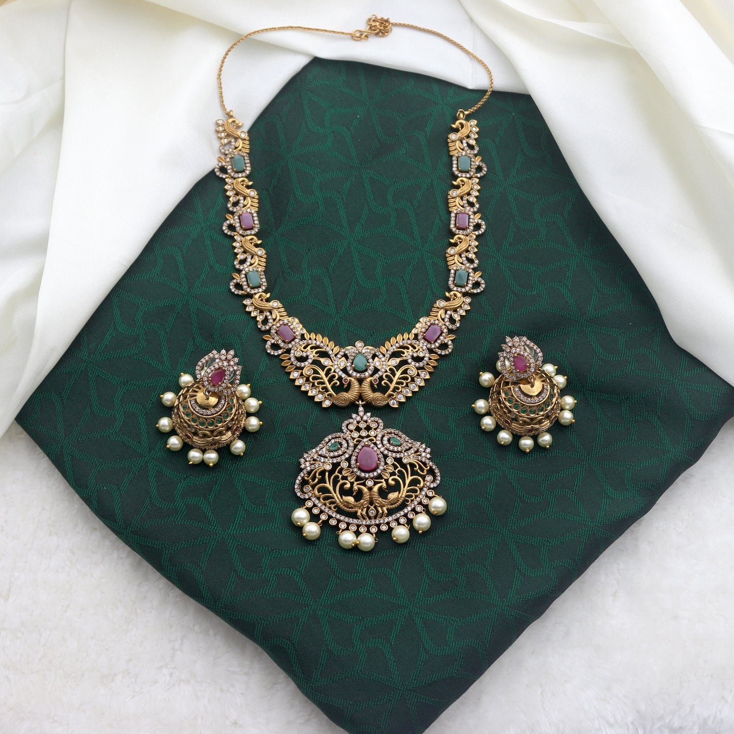 Antique Matte Rettapakshi AD Bridal Necklace Set