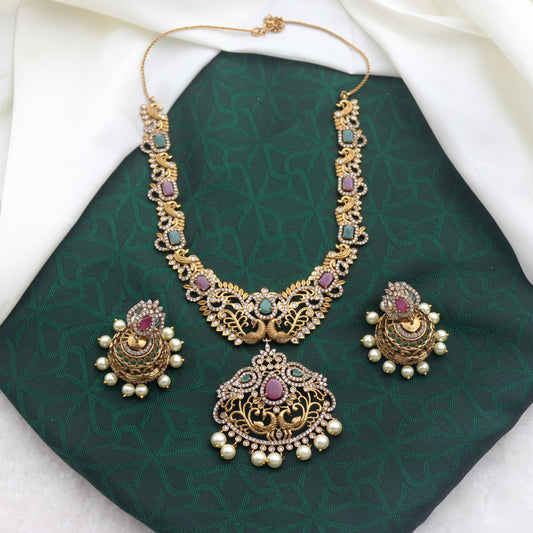 Antique Matte Rettapakshi AD Bridal Necklace Set