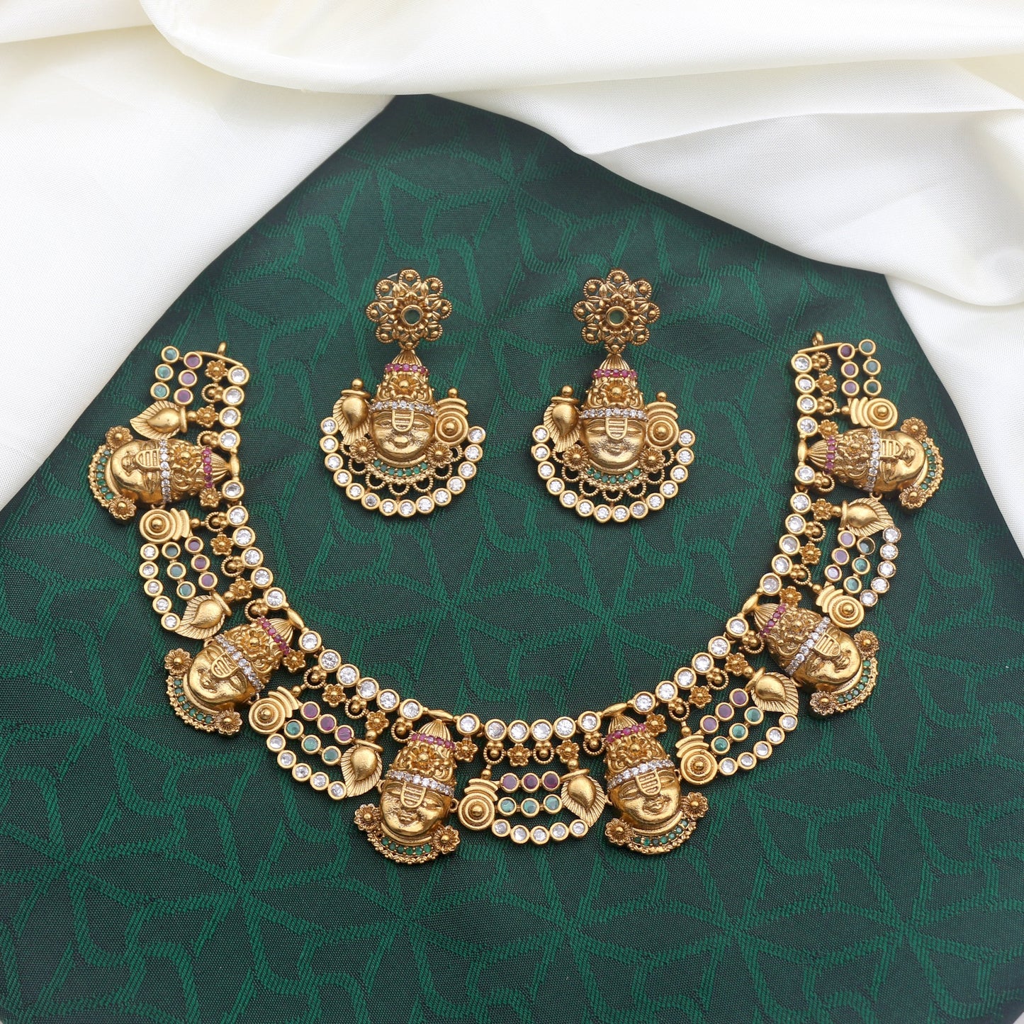 Premium AD Antique Matte Tirupathi Balaji Bridal Necklace Set