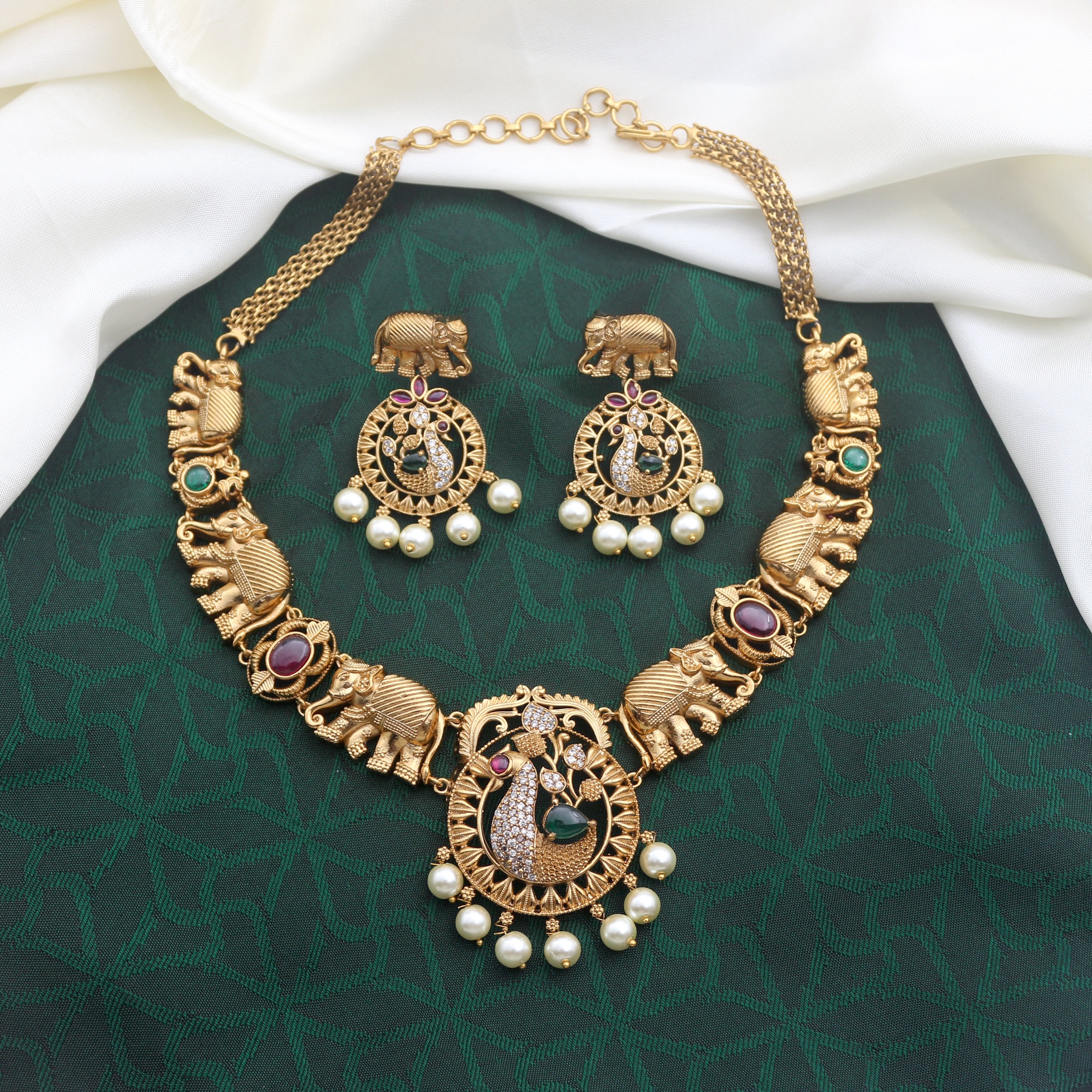 Antique Matte AD Kemp Peacock Elephant Necklace Set