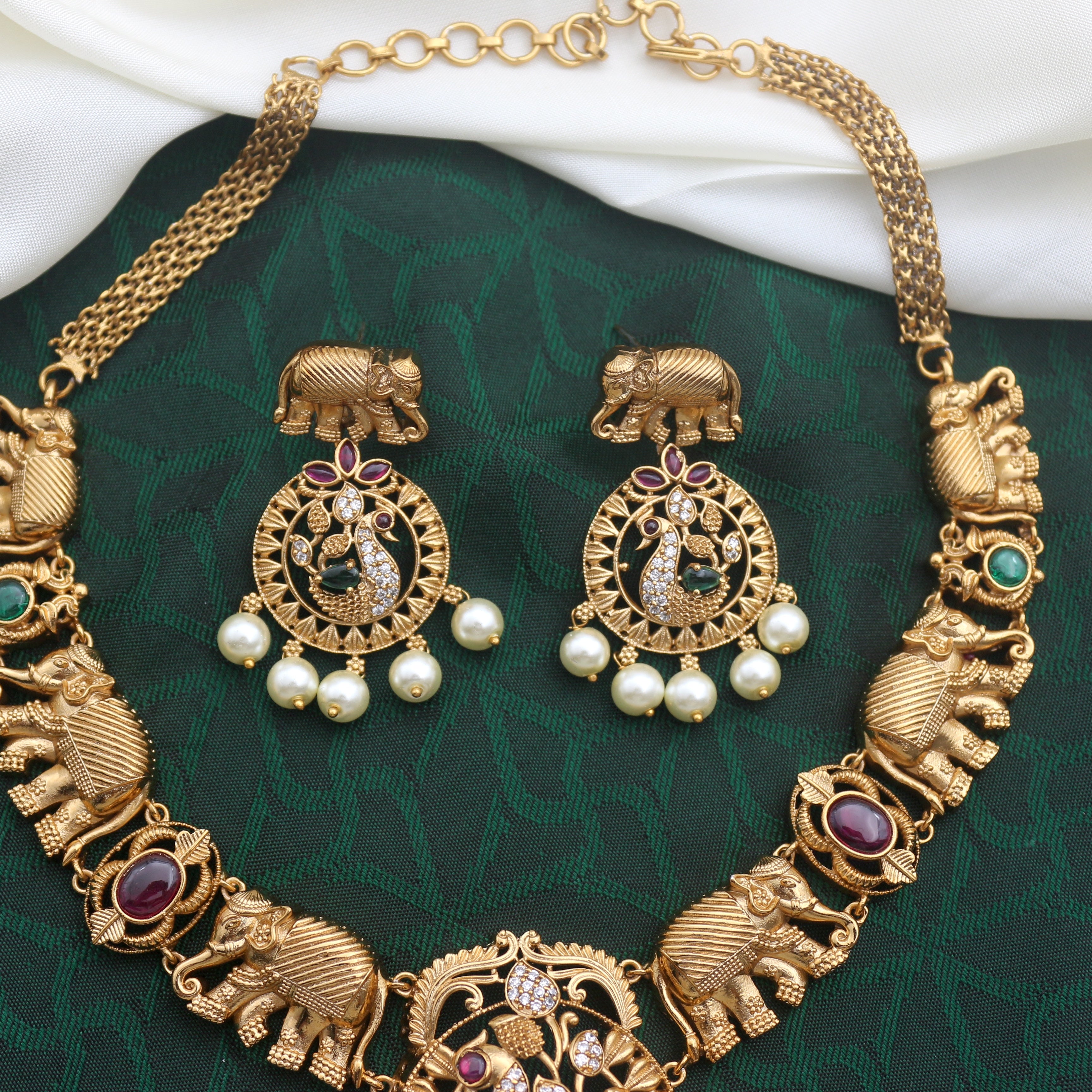 Antique Matte AD Kemp Peacock Elephant Necklace Set