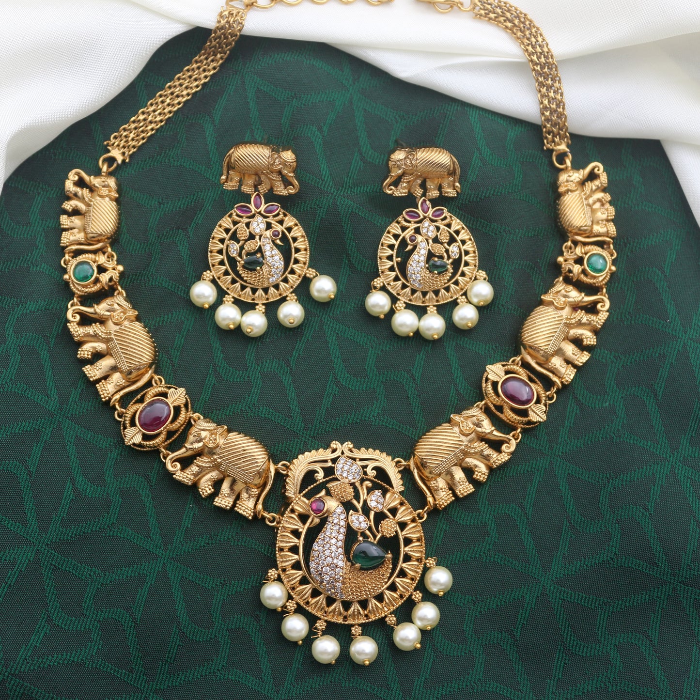 Antique Matte AD Kemp Peacock Elephant Necklace Set