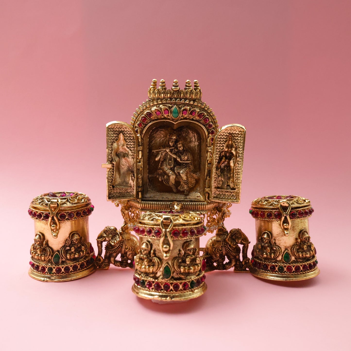 Antique Gold Nagas Kundan Kemp Radhe Krishna Temple 3 Cavities Sindoor Box/Kumkum Dabbi