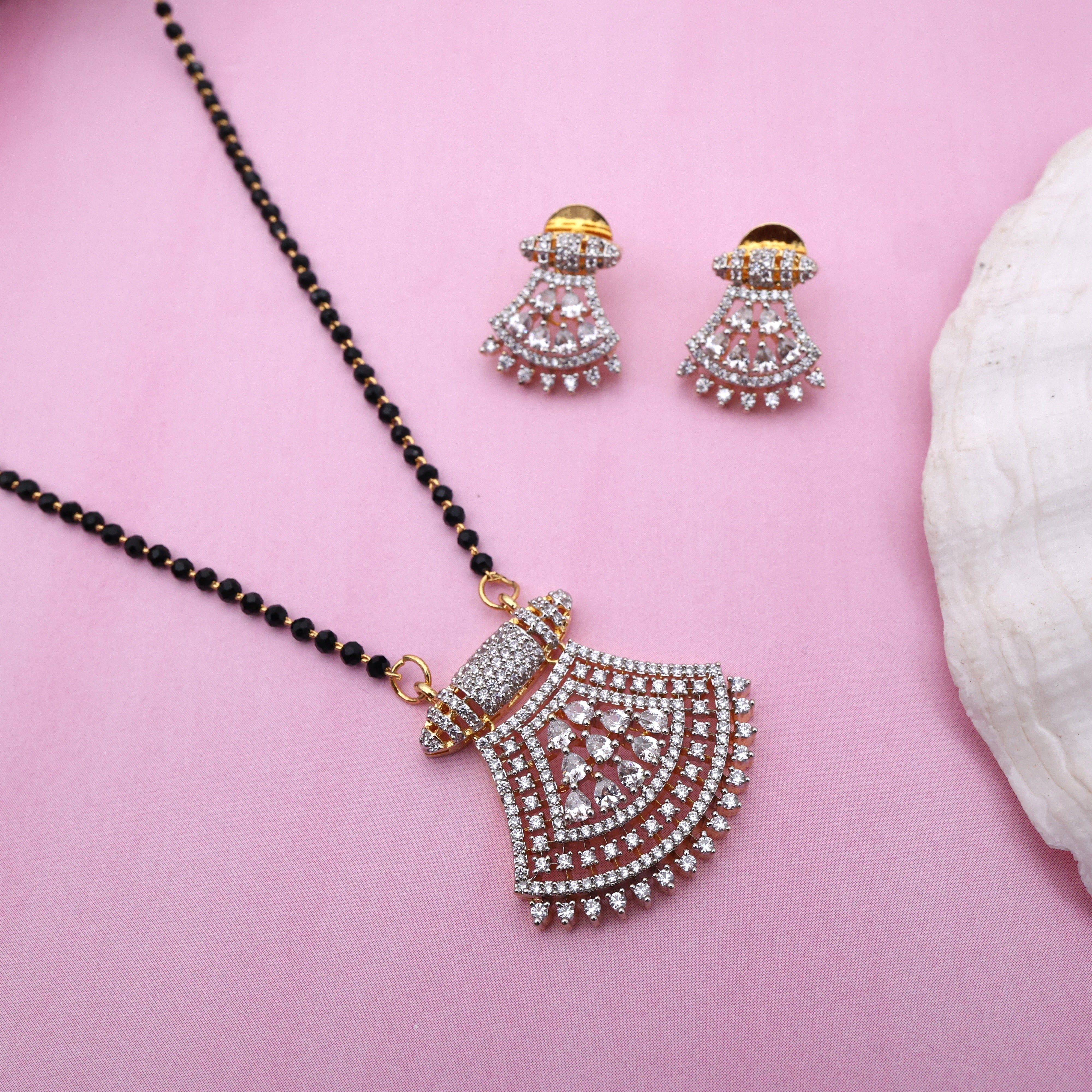 Diamond Look Shell Pendant Black Beads Mangalsutra Chain