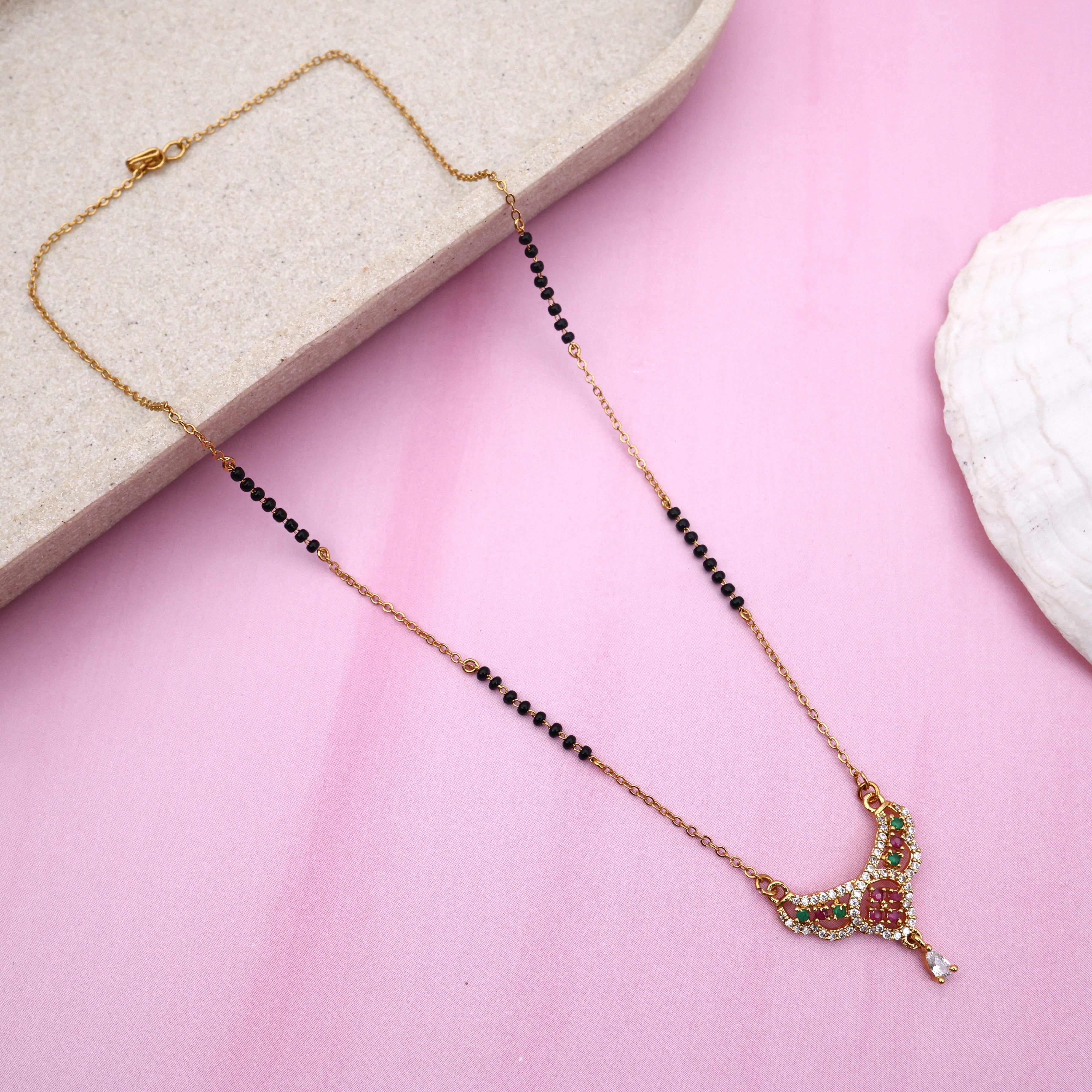 Gold Tone AD Pendant Black Beads Mangalsutra Chain