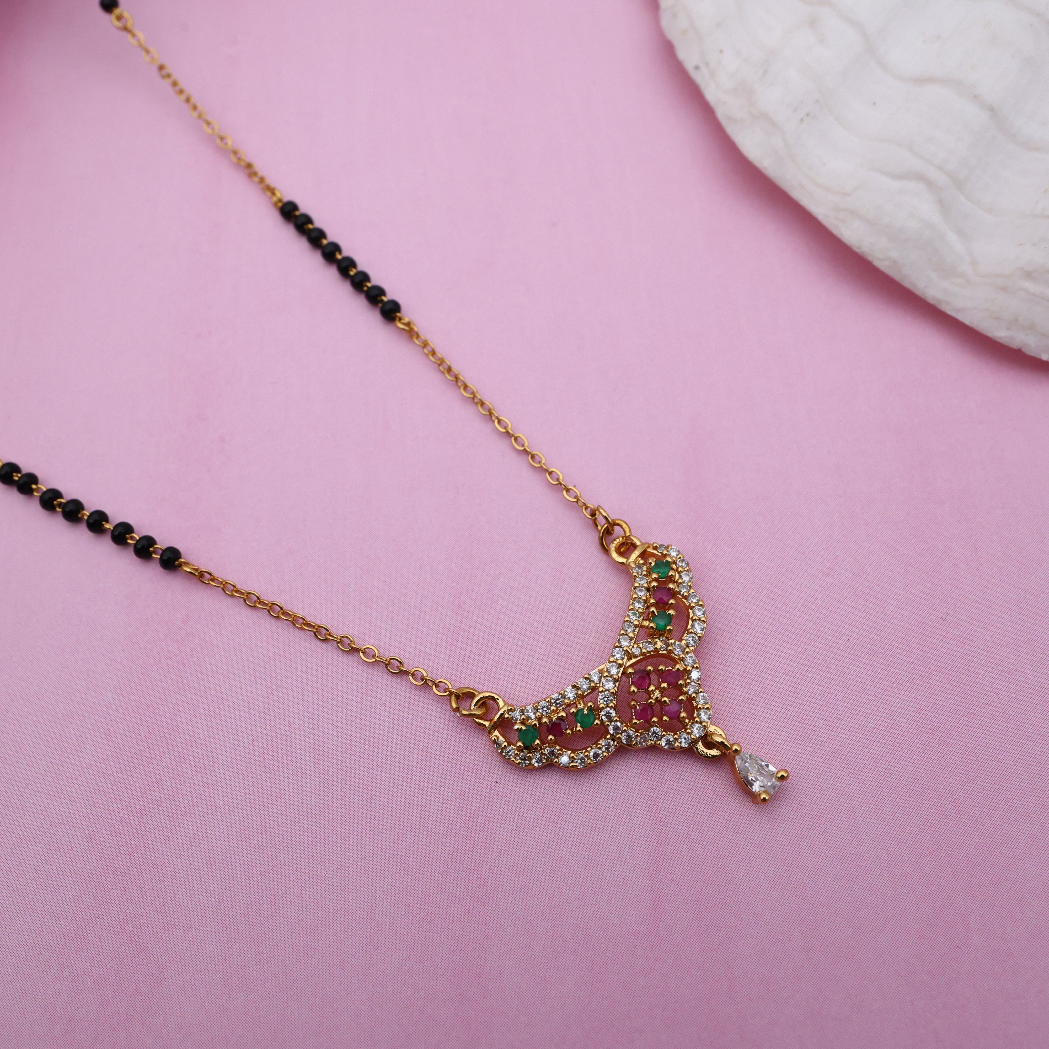 Gold Tone AD Pendant Black Beads Mangalsutra Chain