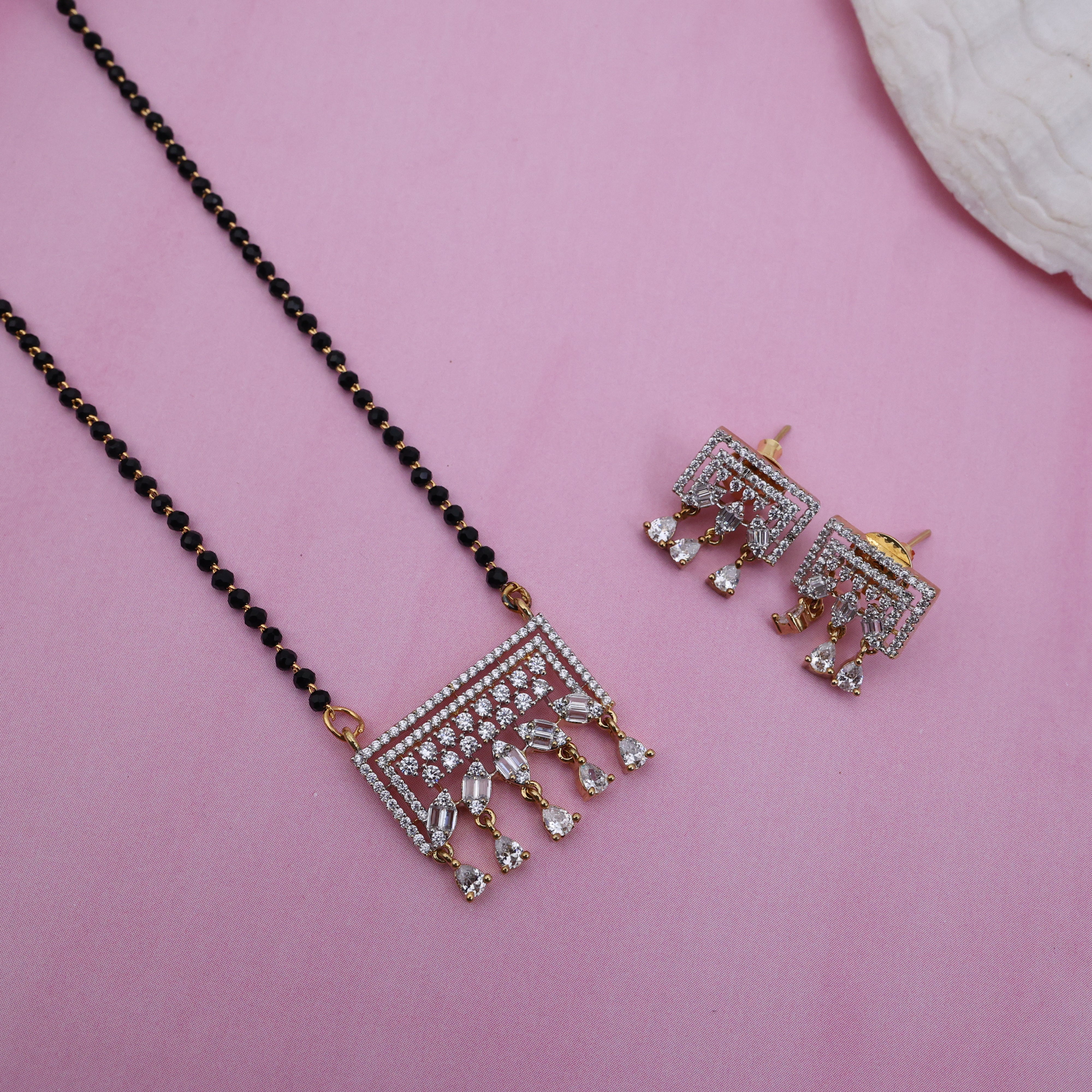 Diamond Look Rectangle Pendant Black Beads Mangalsutra Chain Set