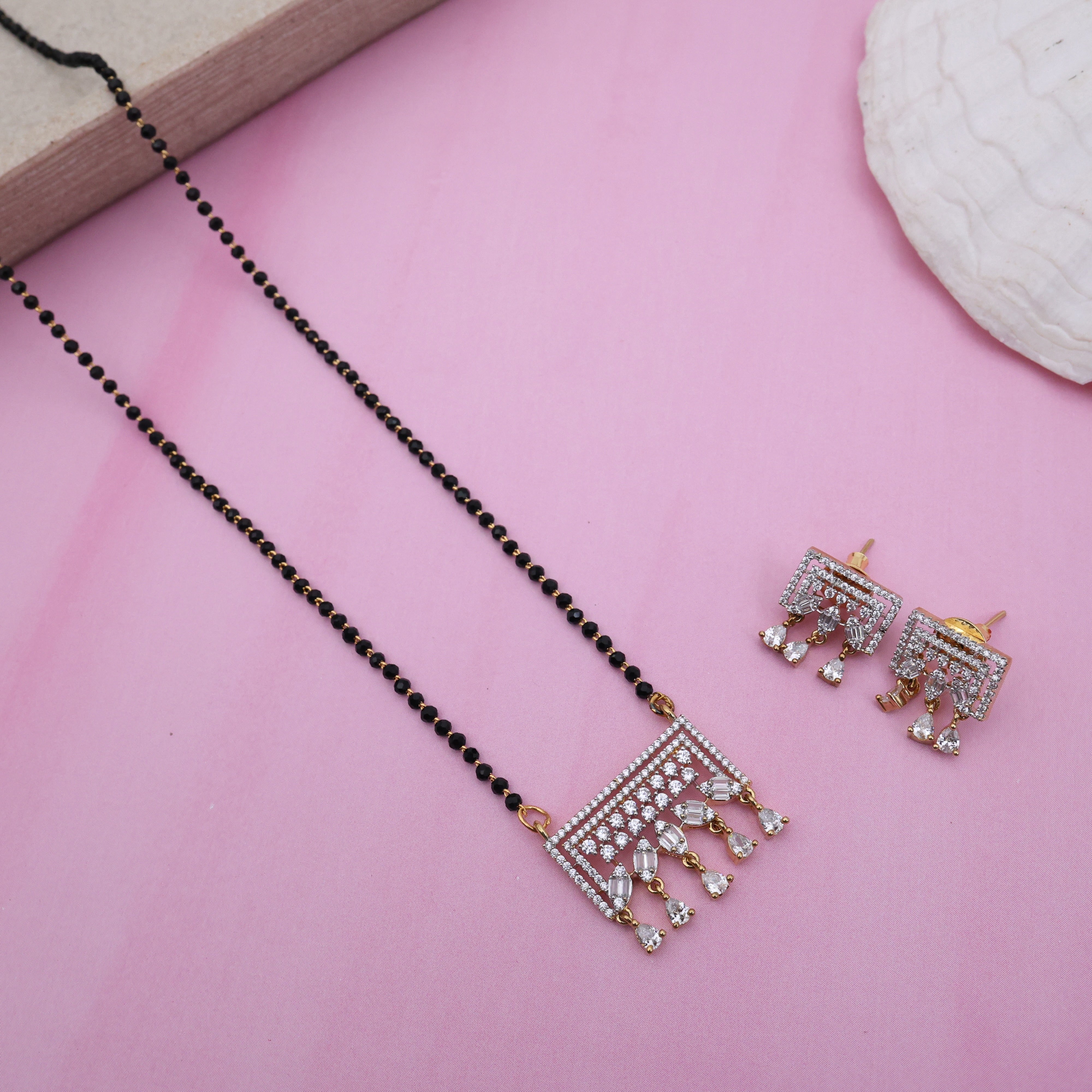 Diamond Look Rectangle Pendant Black Beads Mangalsutra Chain Set