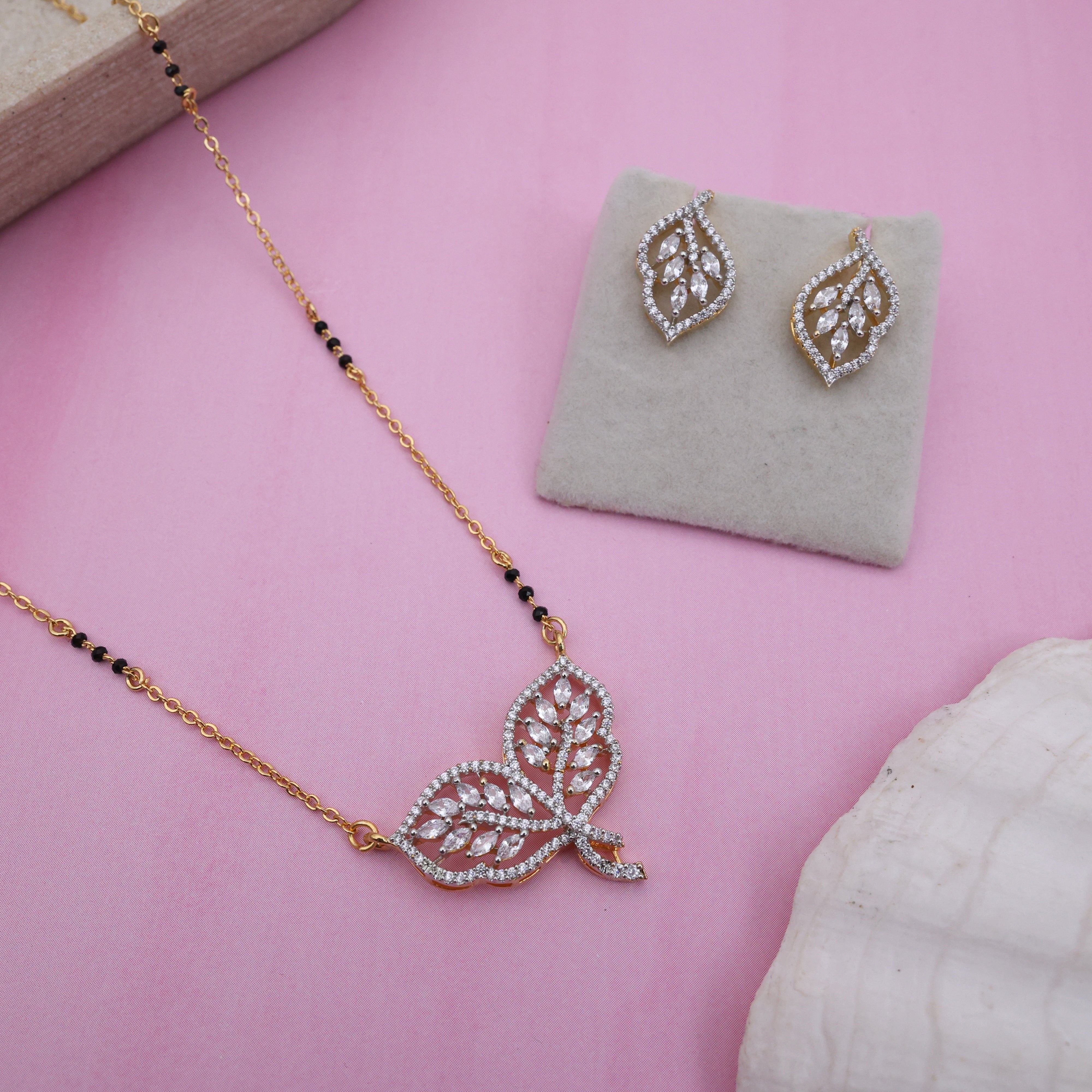 Gold Tone Diamond Look Double Leaf Pendant Black Beads Mangalsutra Chain Set