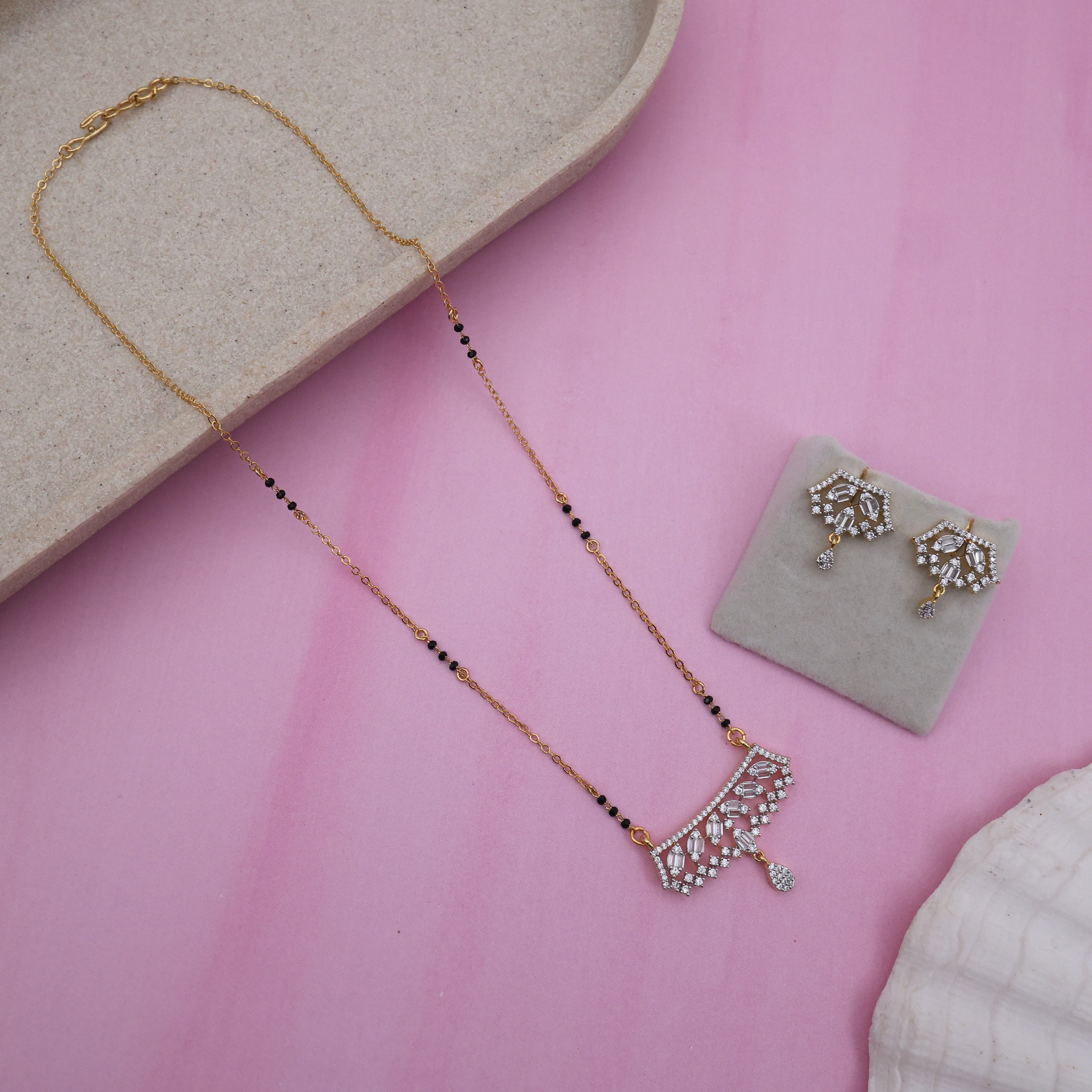 Diamond Look Leaf Set Pendant Black Beads Mangalsutra Set