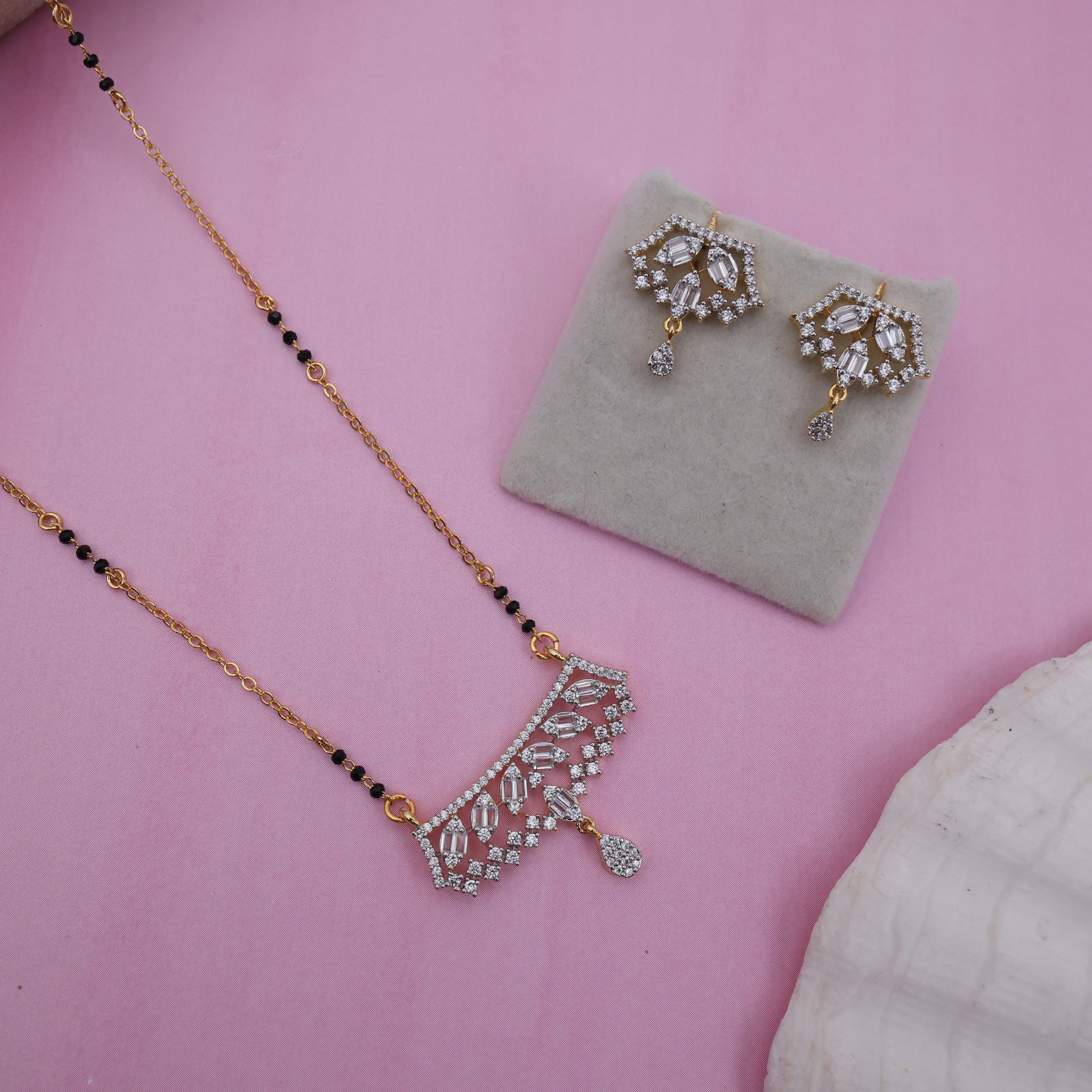 Diamond Look Leaf Set Pendant Black Beads Mangalsutra Set