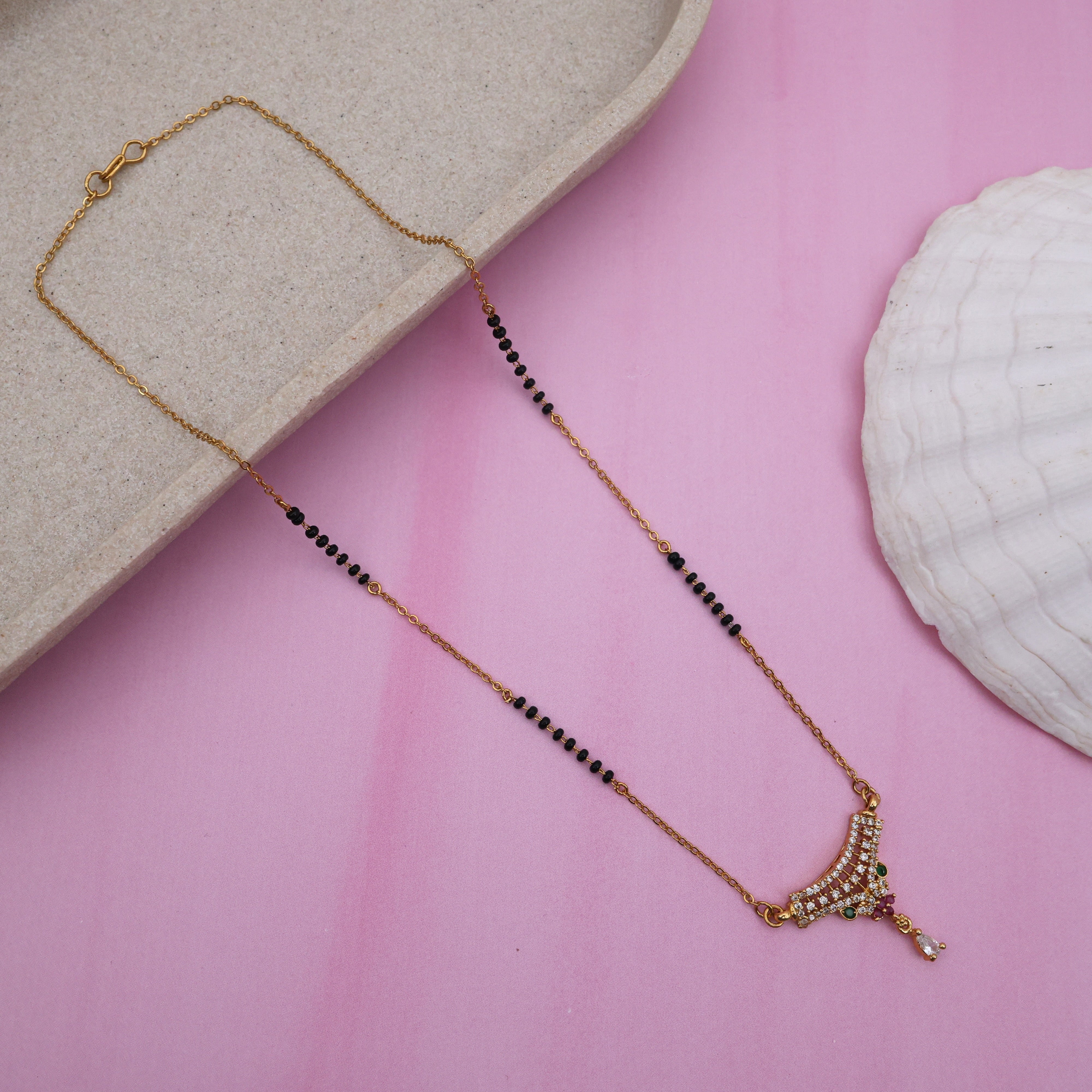 Gold Tone AD Pendant Black Beads Mangalsutra Chain