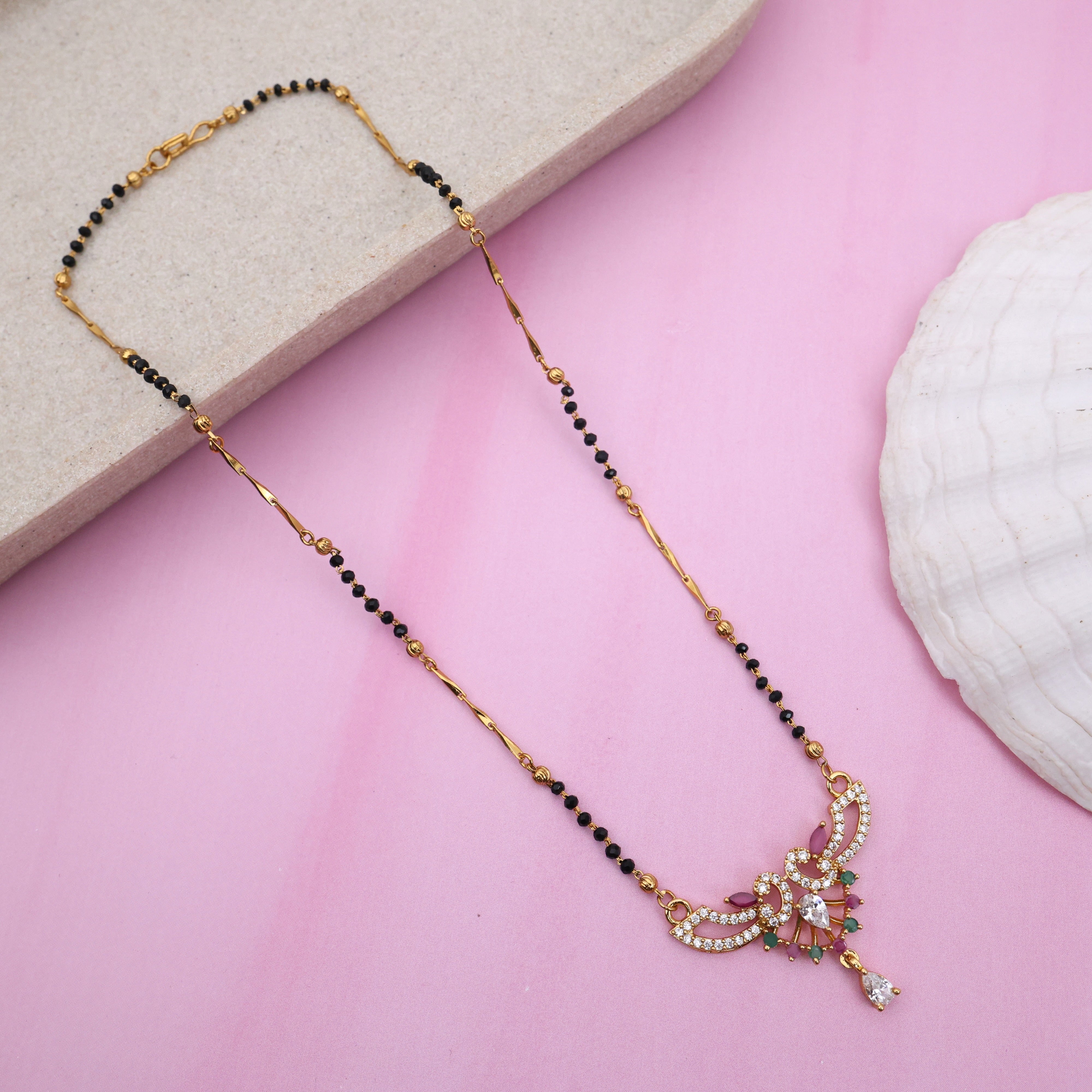Gold Tone AD Rettapakshi Pendant Black Beads Mangalsutra Chain