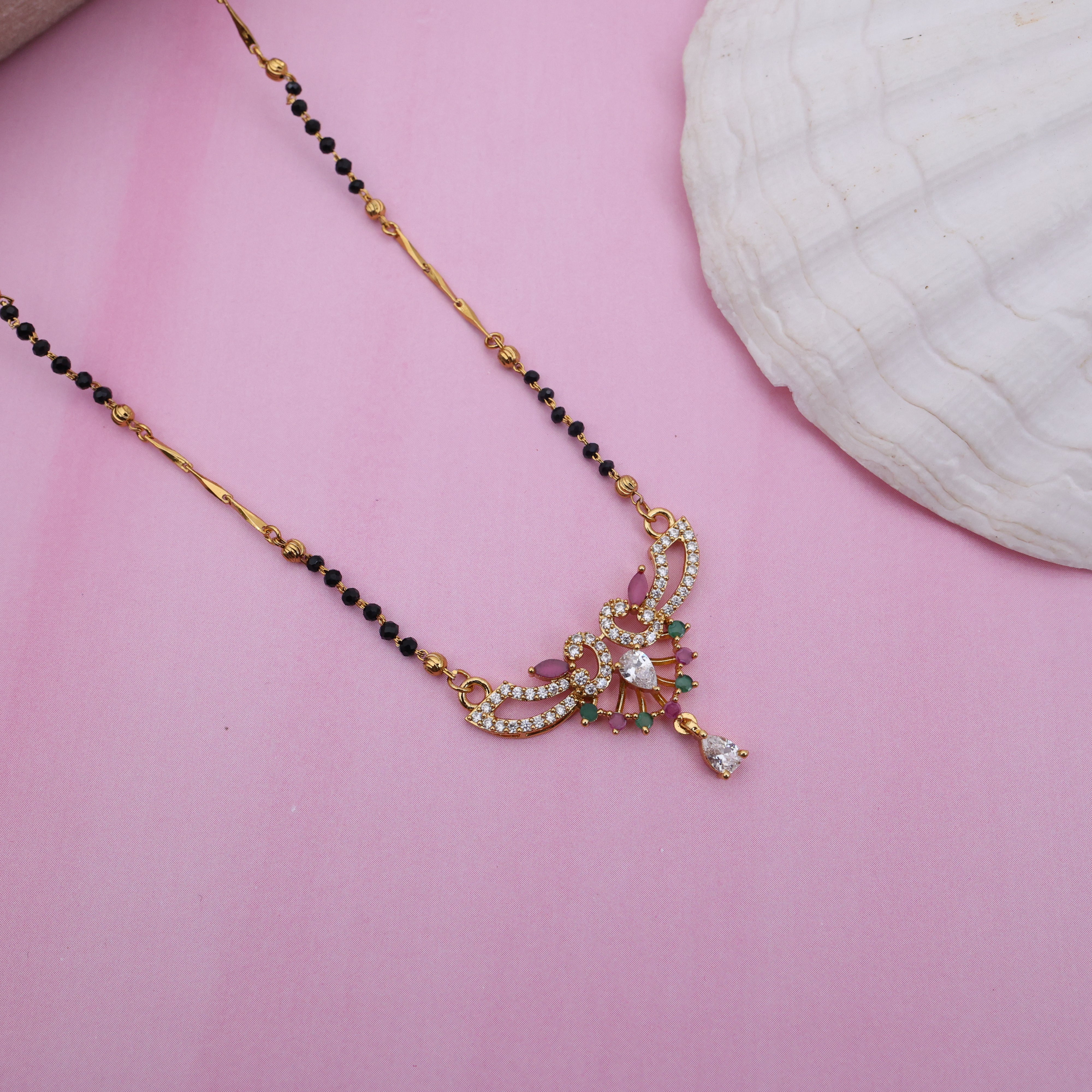 Gold Tone AD Rettapakshi Pendant Black Beads Mangalsutra Chain