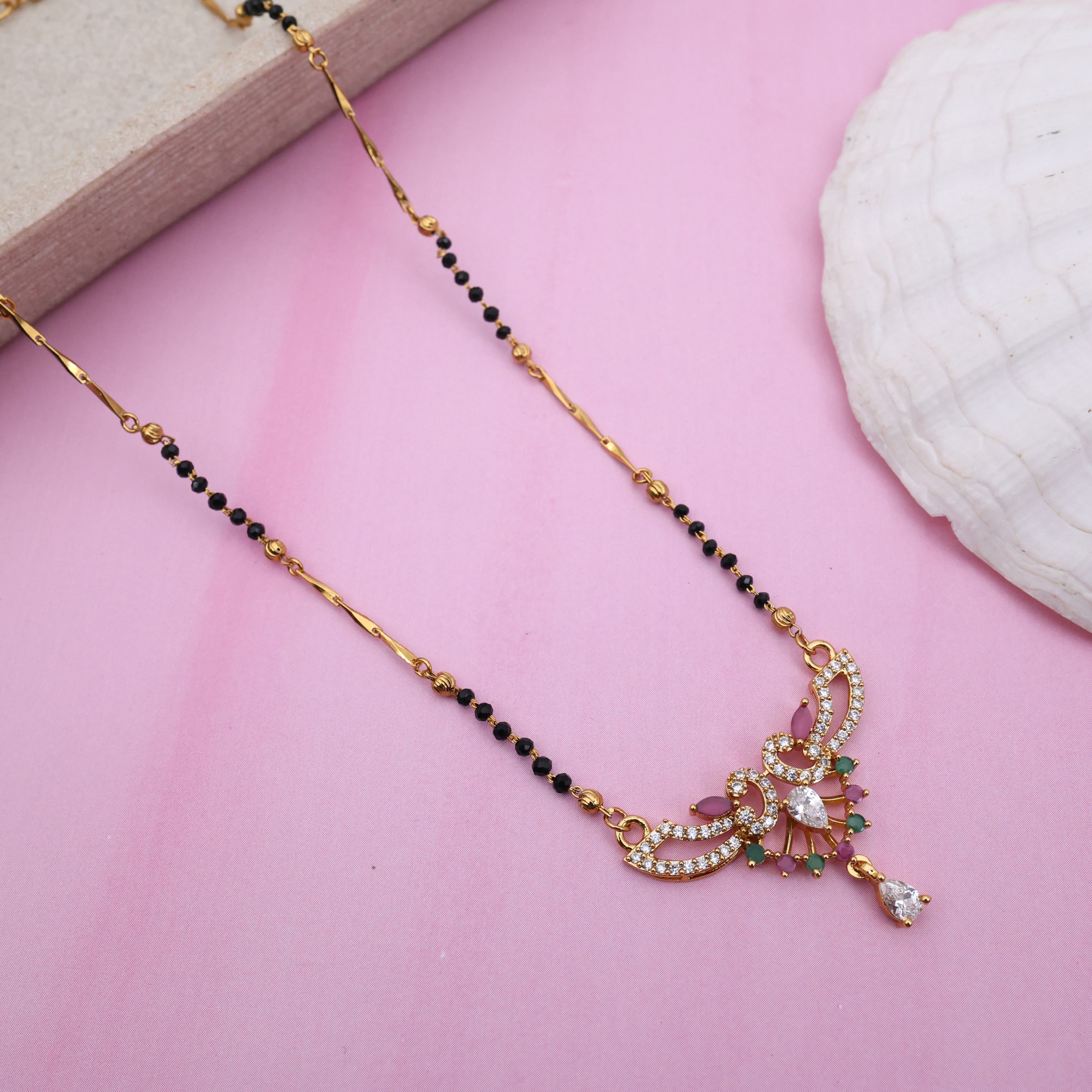 Gold Tone AD Rettapakshi Pendant Black Beads Mangalsutra Chain