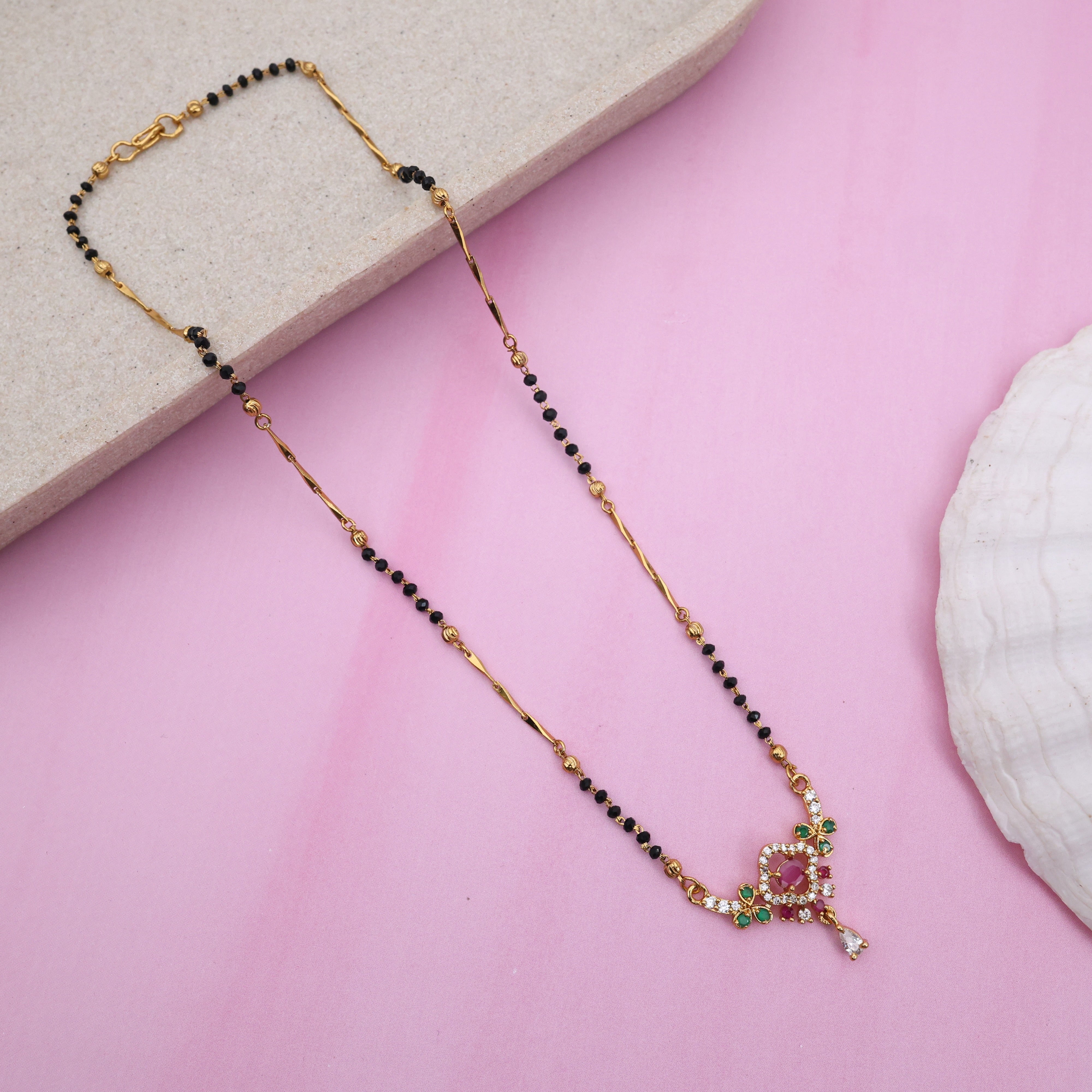 Gold Tone Diamond Flower Black Beads Mangalsutra Chain