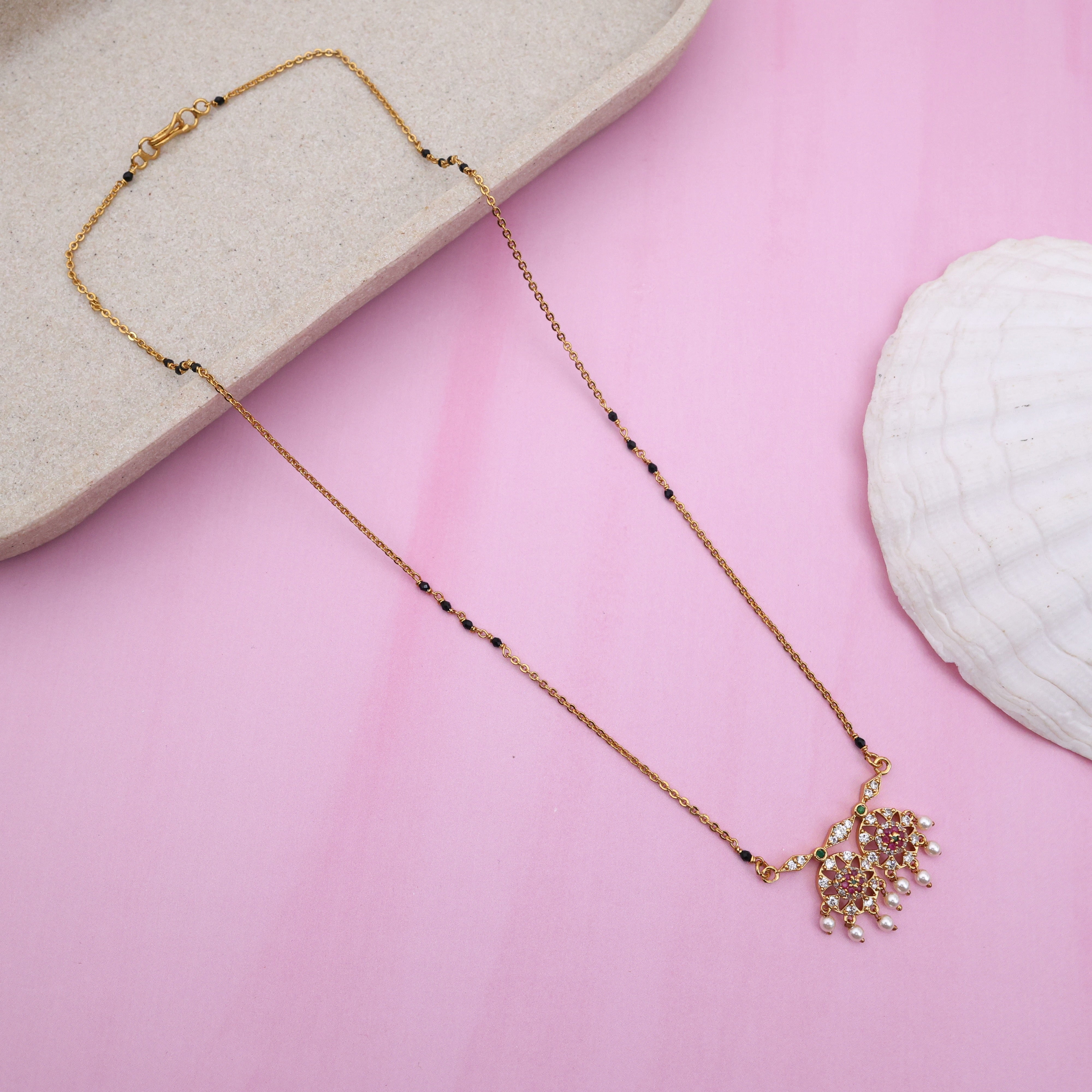 Gold Tone AD Butta Pendant Black Beads Mangalsutra