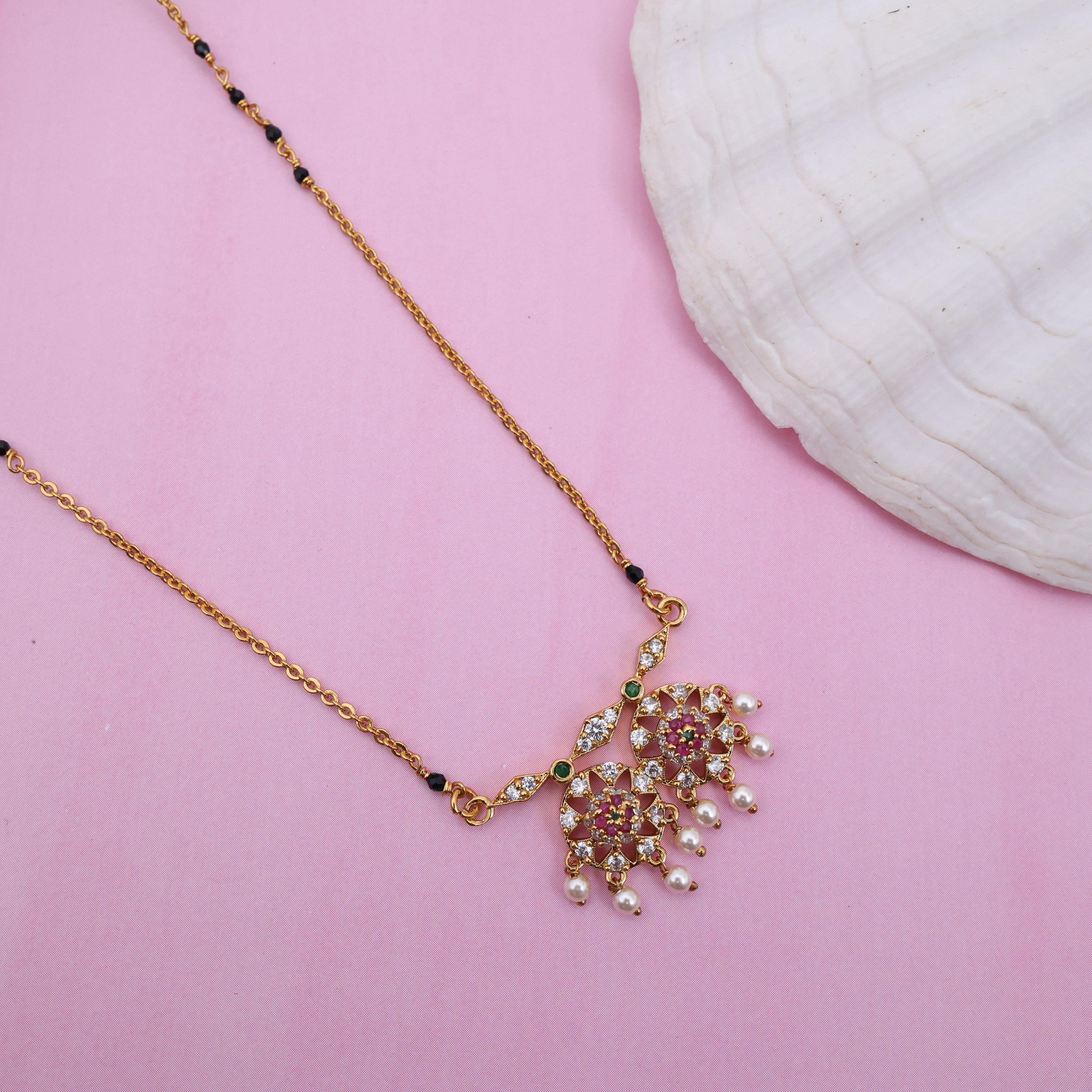 Gold Tone AD Butta Pendant Black Beads Mangalsutra