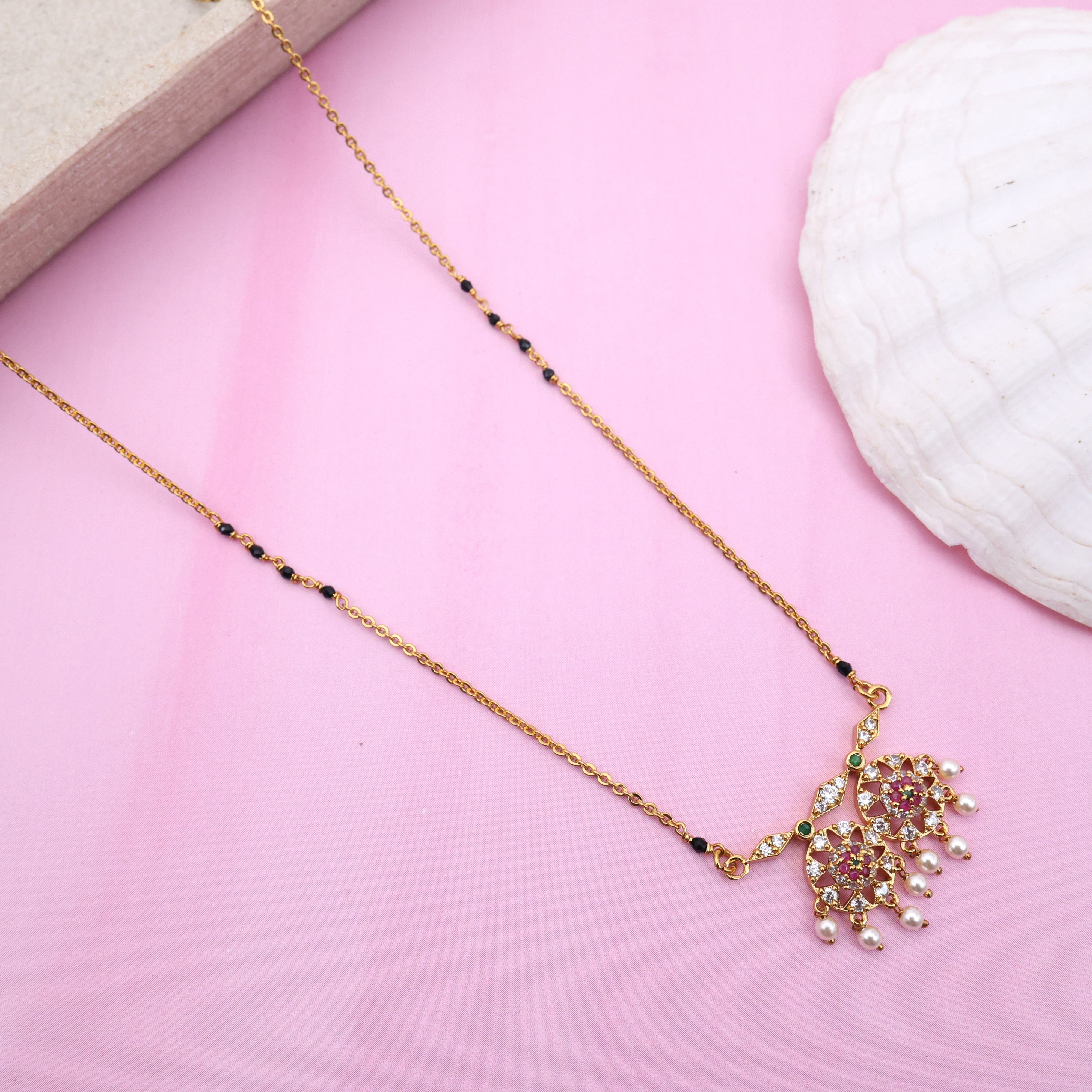 Gold Tone AD Butta Pendant Black Beads Mangalsutra