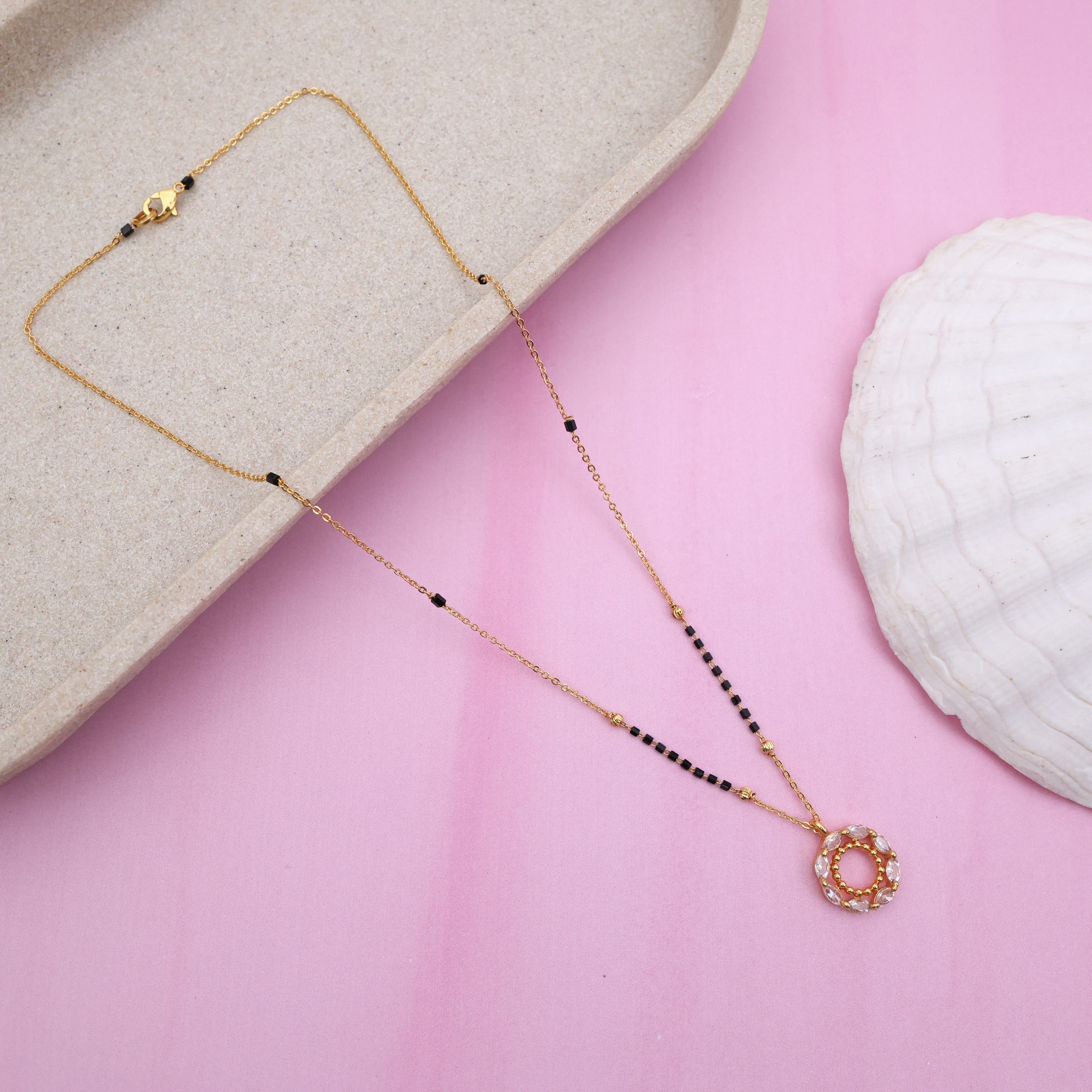 Gold Tone Premium Round Zircon Pendant Black Beads Chain