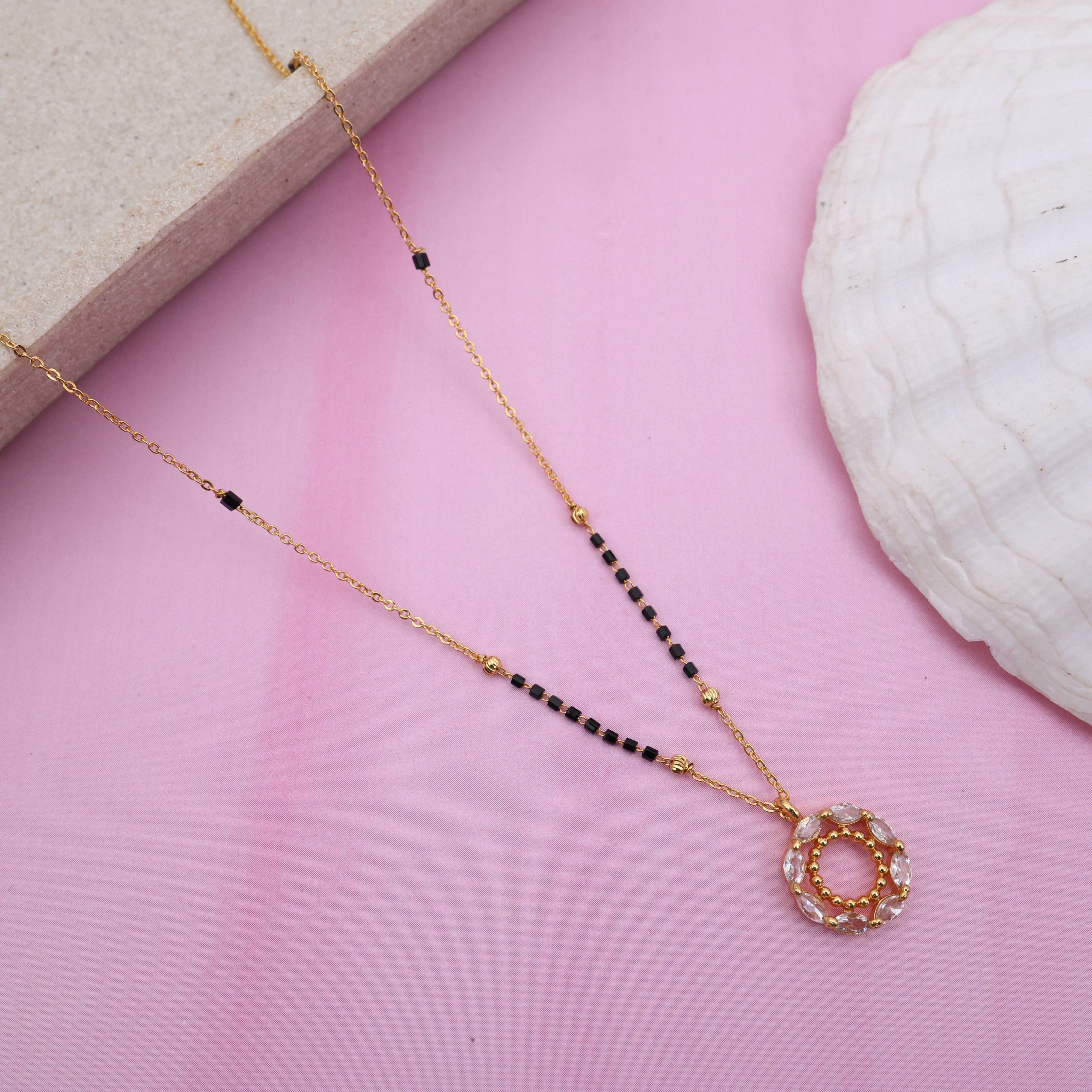 Gold Tone Premium Round Zircon Pendant Black Beads Chain