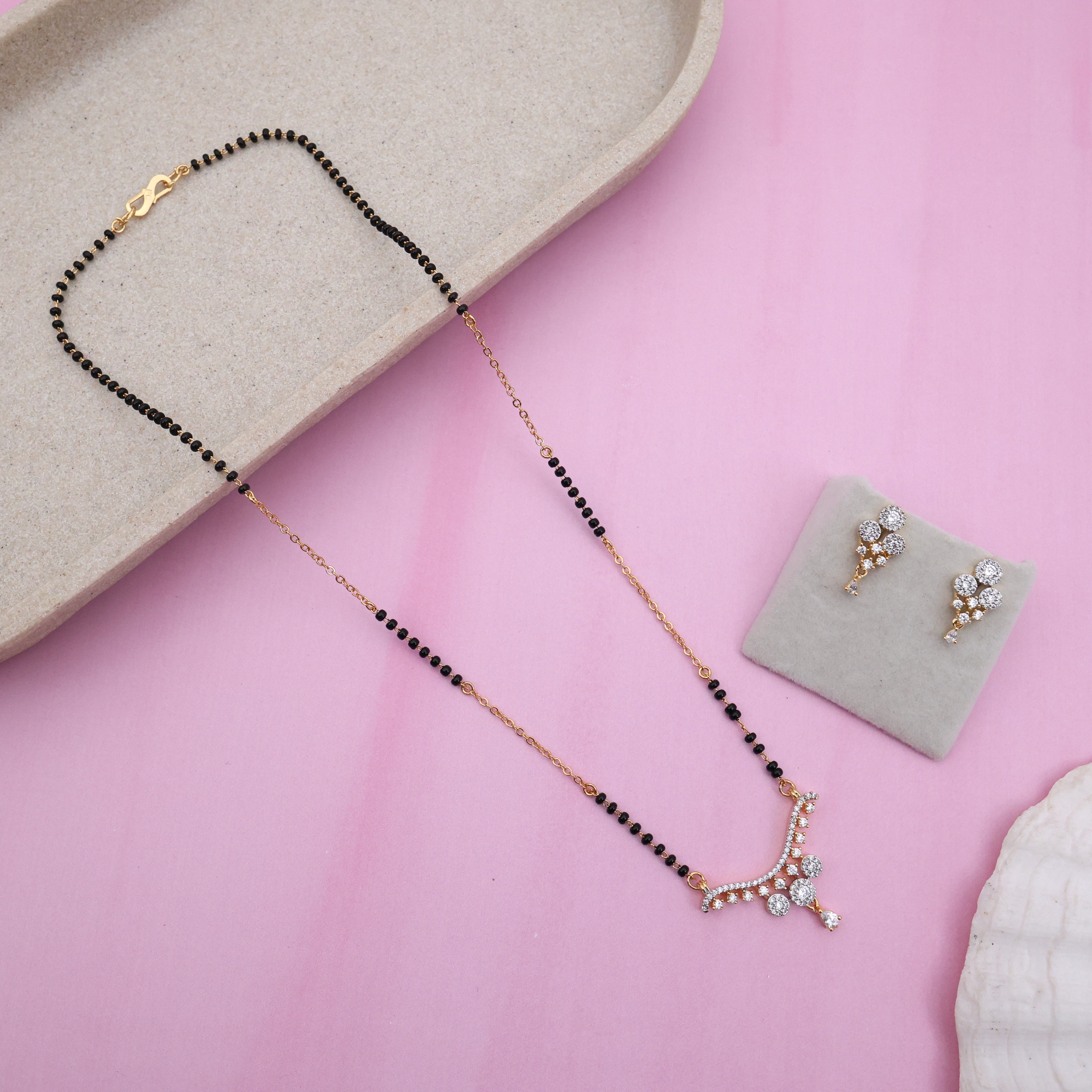 Diamond Look Pendant Black Beads Mangalsutra Chain