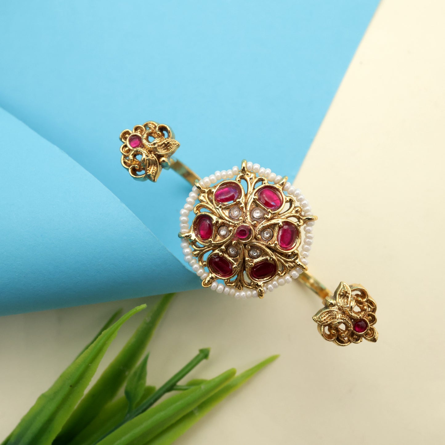 Pearl Outline Rettapakshi Flower Jadau Kundan Bridal Double Finger Ring - Ruby