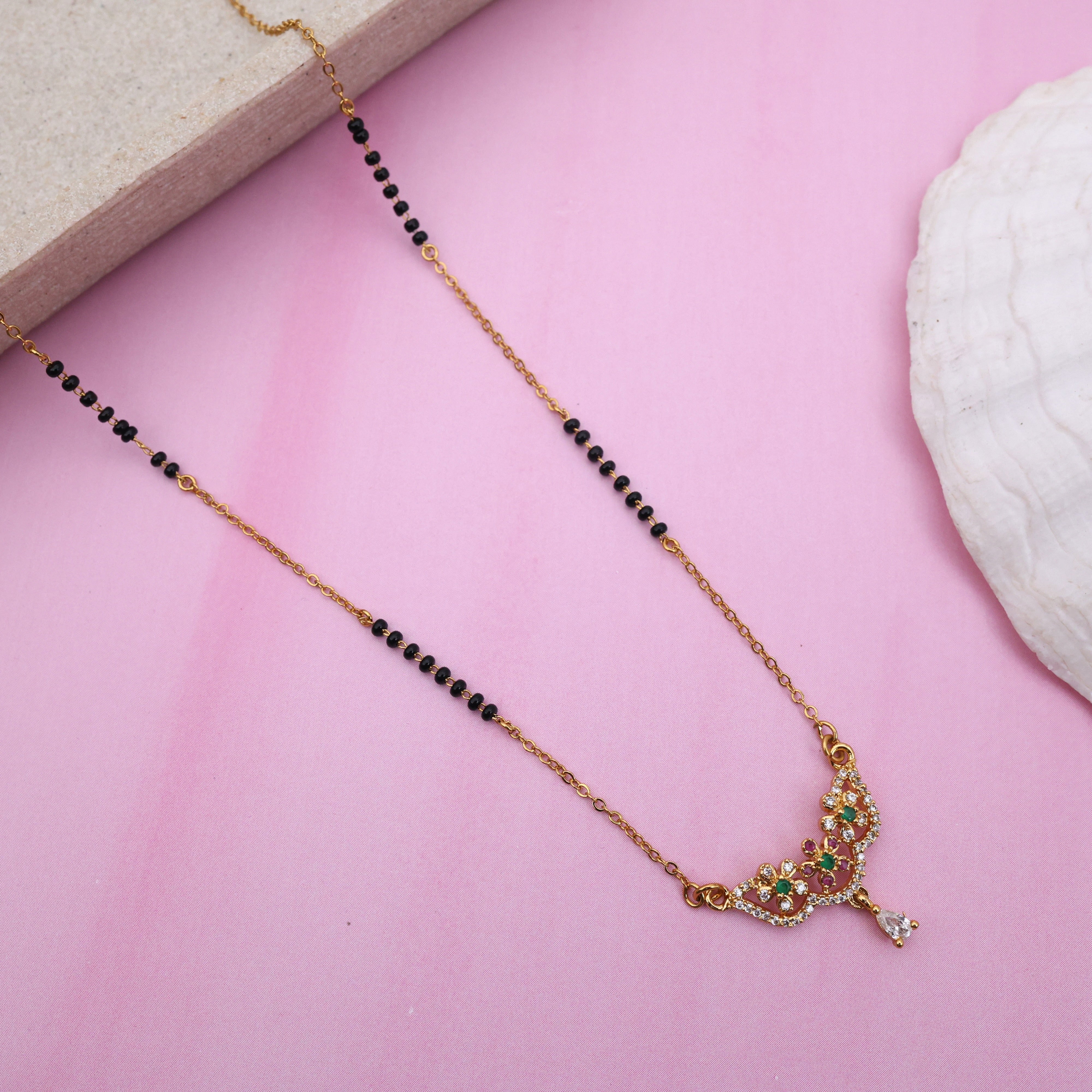 Gold Tone Black Beads Floral Pendant Mangalsutra