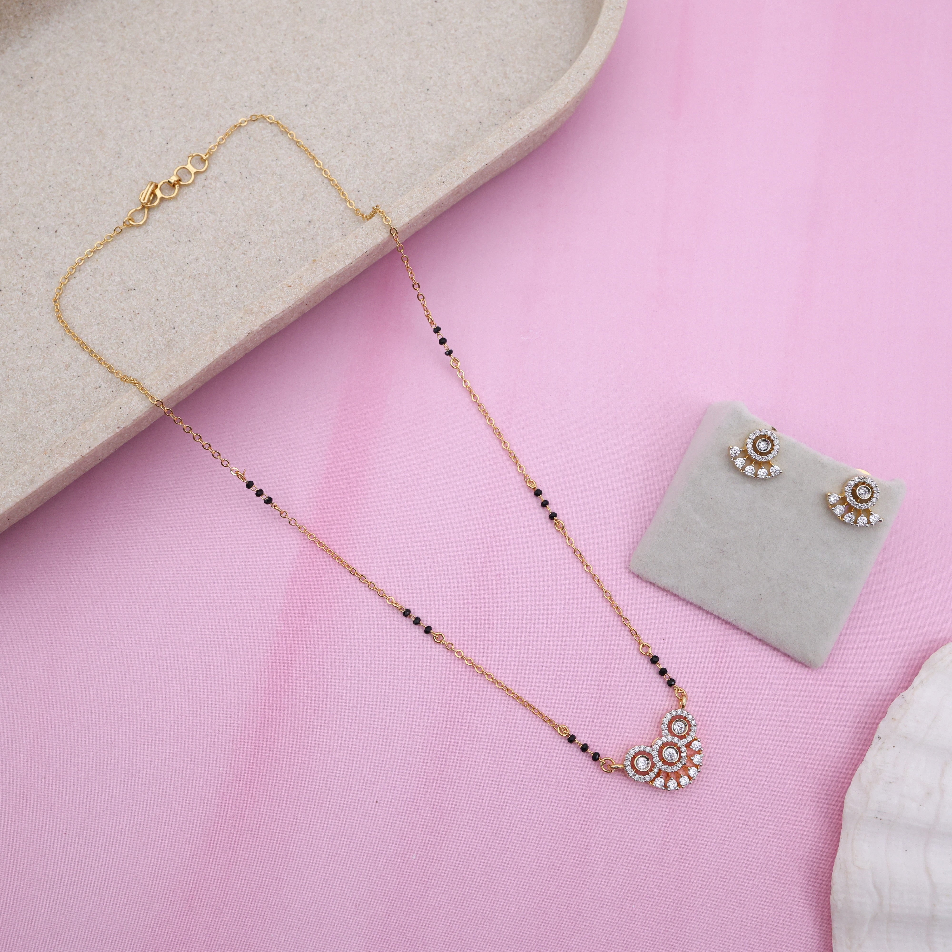 Gold Tone Black Beads 3 Circles Pendant Mangalsutra Set