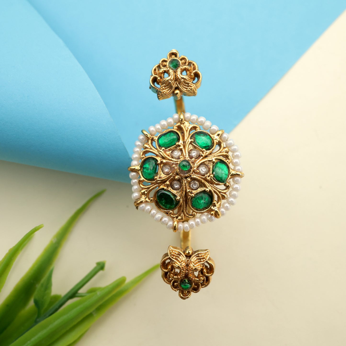 Pearl Outline Rettapakshi Flower Jadau Kundan Bridal Double Finger Ring - Emerald