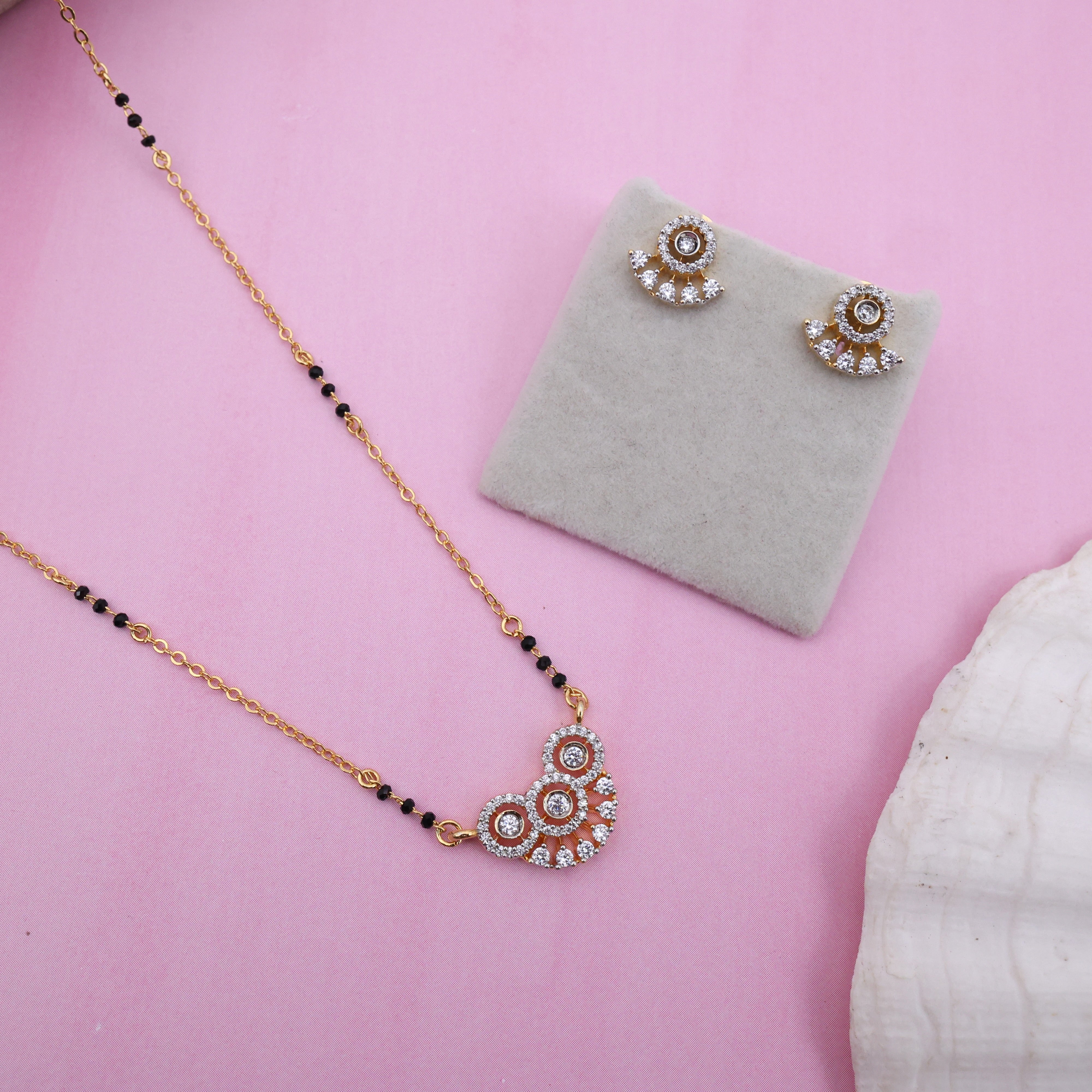Gold Tone Black Beads 3 Circles Pendant Mangalsutra Set