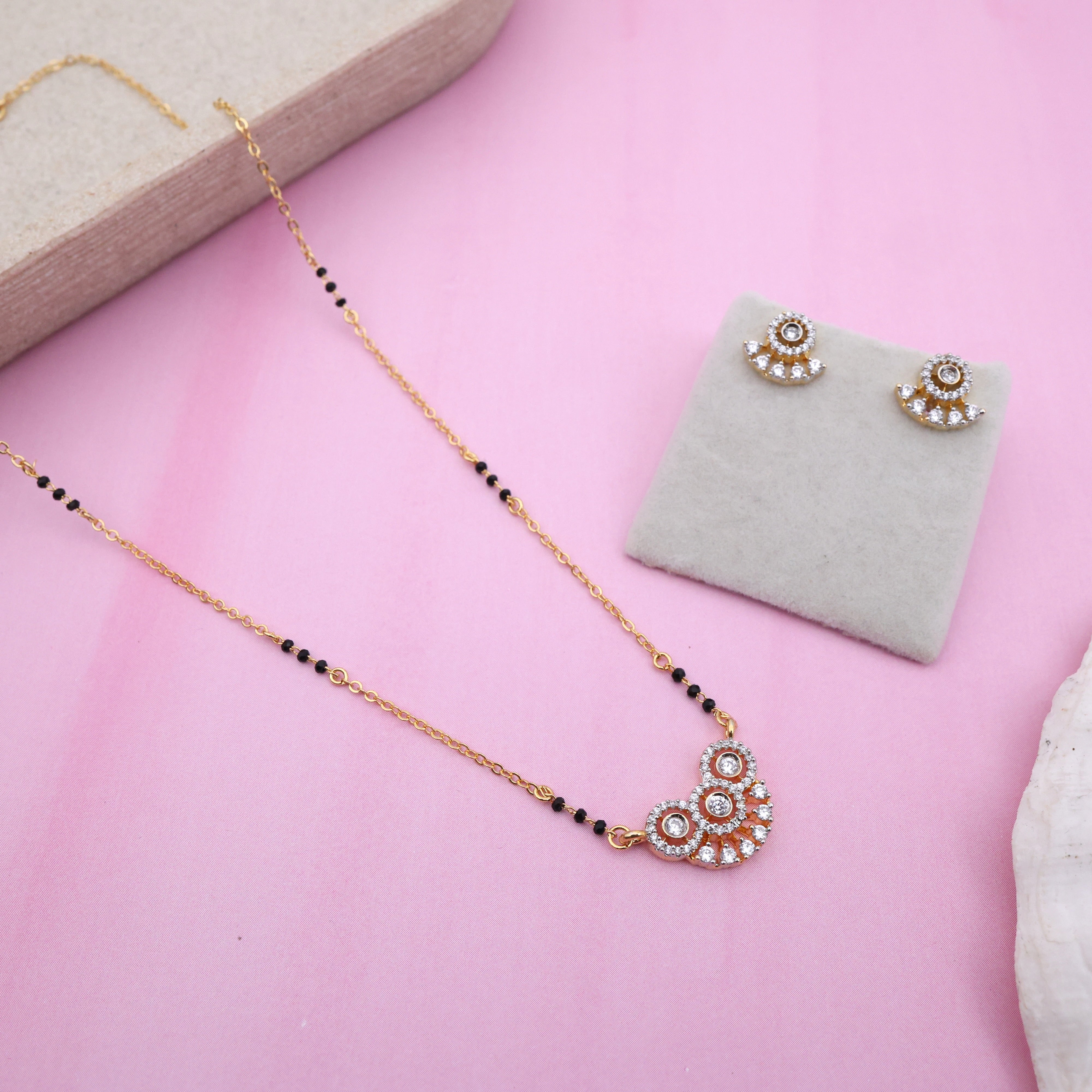 Gold Tone Black Beads 3 Circles Pendant Mangalsutra Set